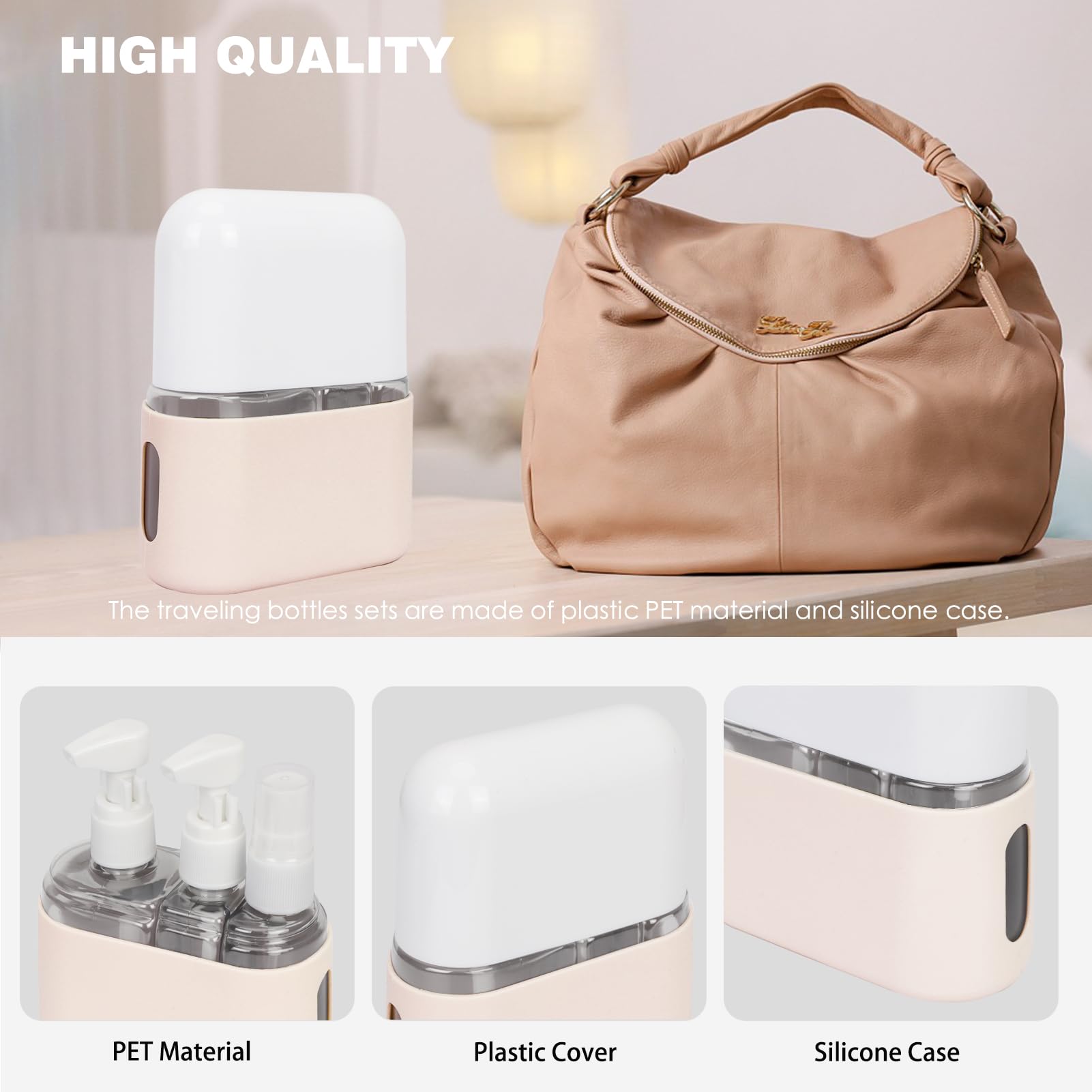 Leak Proof Travel Bottles Set - 3 in 1 Refillable Toiletry Containers with Secure Lids | TSA Approved Shampoo & Conditioner Bottles for Air Travel, Gym, Camping (Beige)