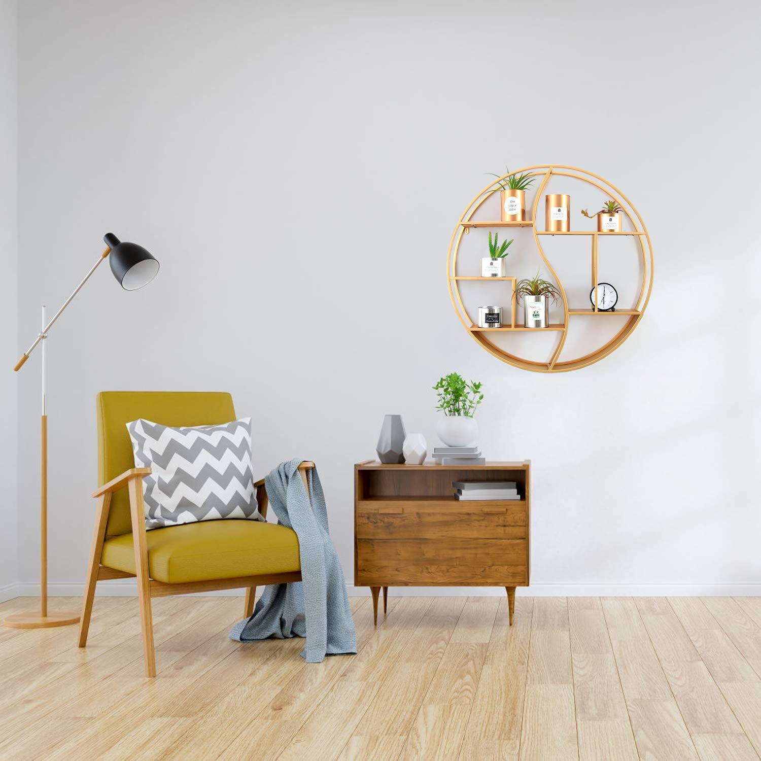 24 Inch Round Wall Shelf - Gold Metal & Wood Circular Floating Shelves for Fireplace, Living Room, Bathroom Decor | Wall Mounted Display Organizer for Home & Office Use