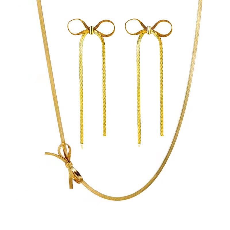 Elegant Bow Dangle Choker Necklace Set for Women - Long Tassel Chain Earrings & Dainty Gold Snake Chain Necklace - Wedding, Prom, Party Fashion Jewelry Set - Perfect Gift for Her - Ideal for Date Nights, Special Occasions and Everyday Wear