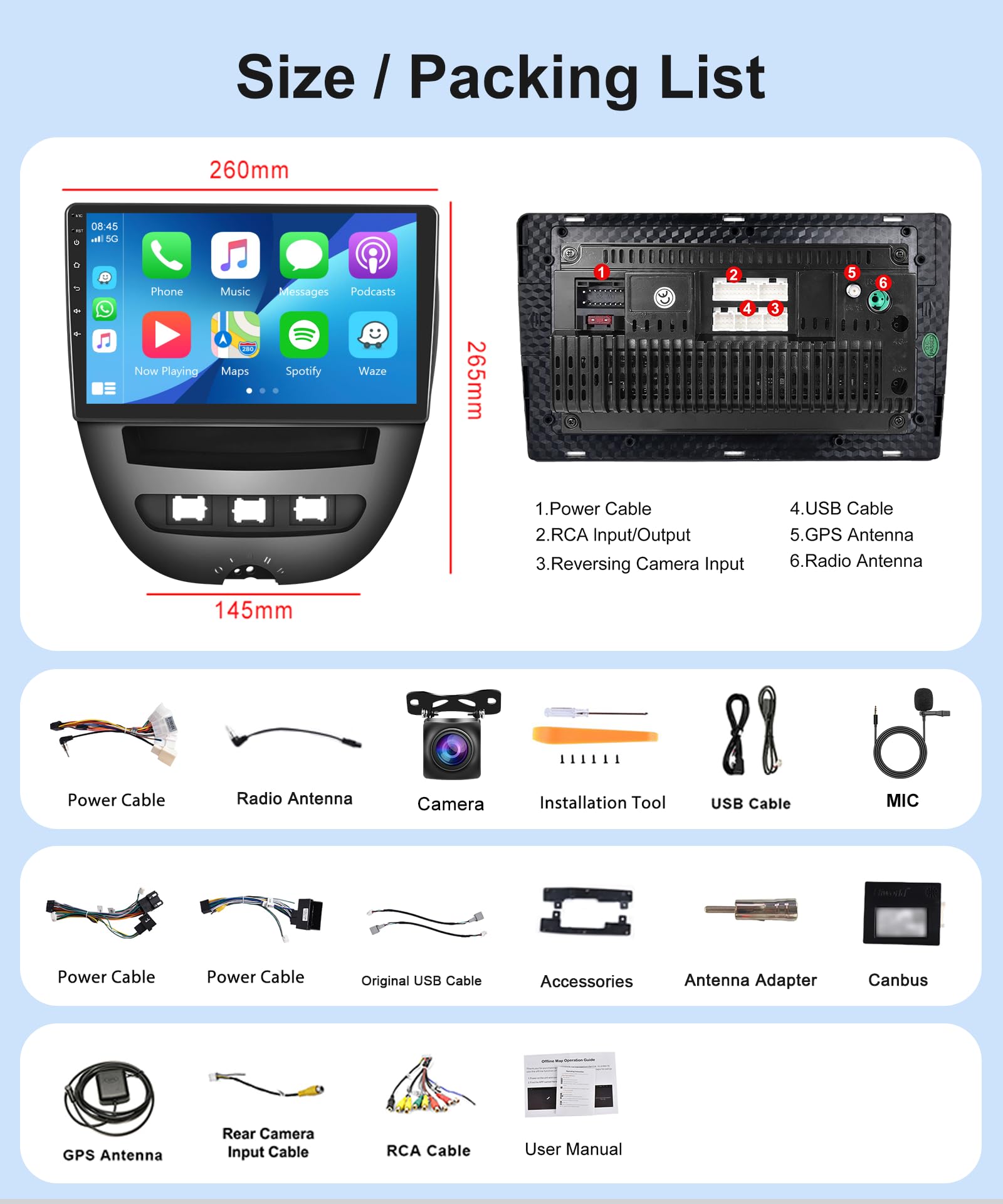 10.1 Inch Android Car Stereo for Citroen C1/Peugeot 107/Toyota Aygo 2004-2014 - Wireless CarPlay & Android Auto, GPS Navigation, Bluetooth, WiFi, FM RDS, HiFi Sound, Mirror Link, Backup Camera - Perfect for Commuting & Road Trips