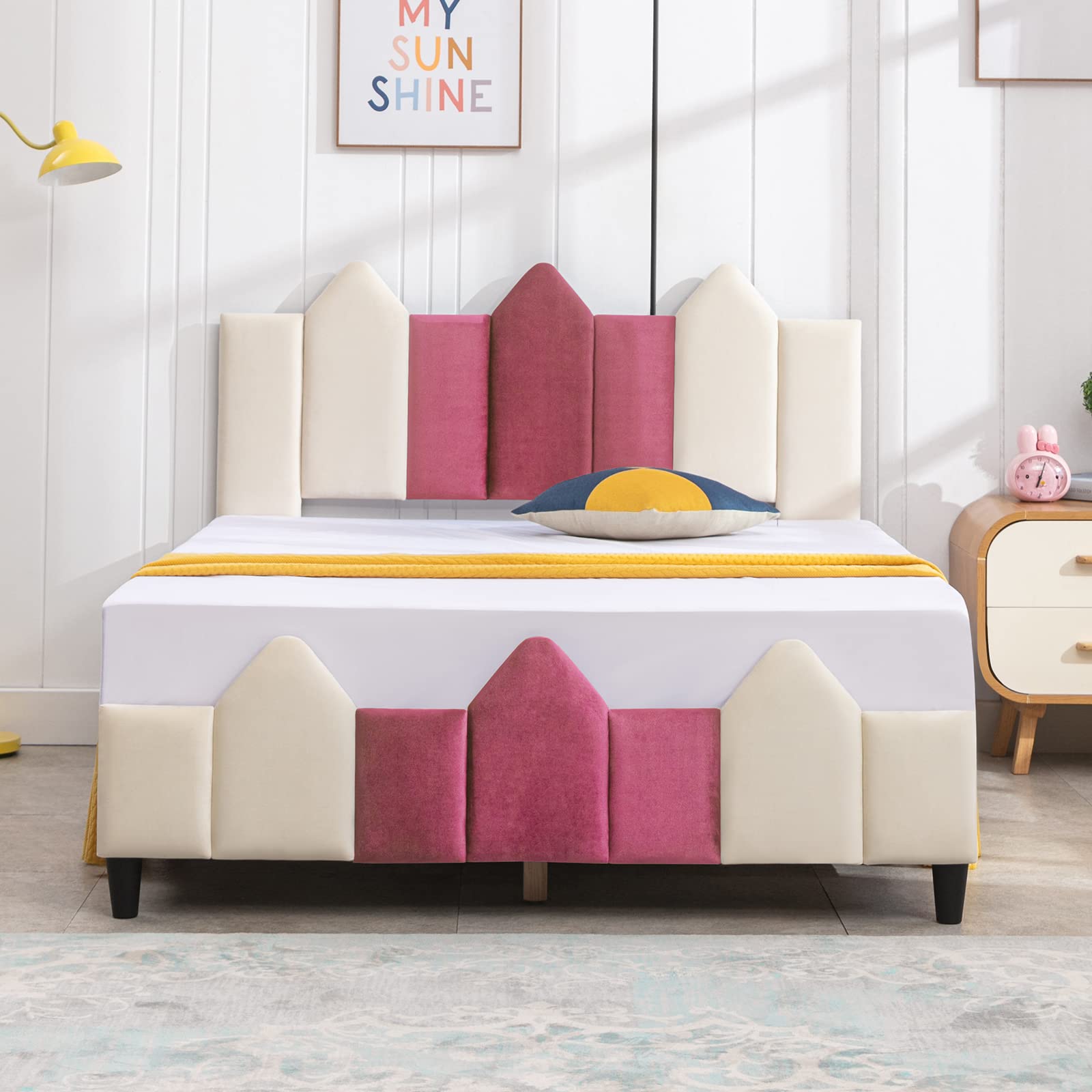 **Full Size Kids Bed Frame with Headboard - Upholstered Platform Bed for Girls & Teens, No Box Spring Needed, Easy Assembly (Pink/White) - Perfect for Bedrooms, Dorms & Playrooms**
