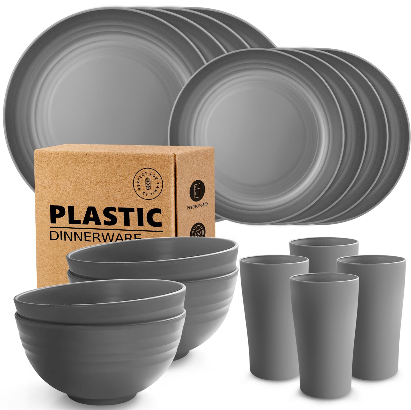 Teivio 16-Piece Unbreakable Plastic Dinnerware Set for 4 - Includes Dinner Plates, Dessert Plates, Bowls & Cups - Durable Kitchen & Camping Tableware - Perfect for Outdoor Picnics, RV Trips & Everyday Use - Grey