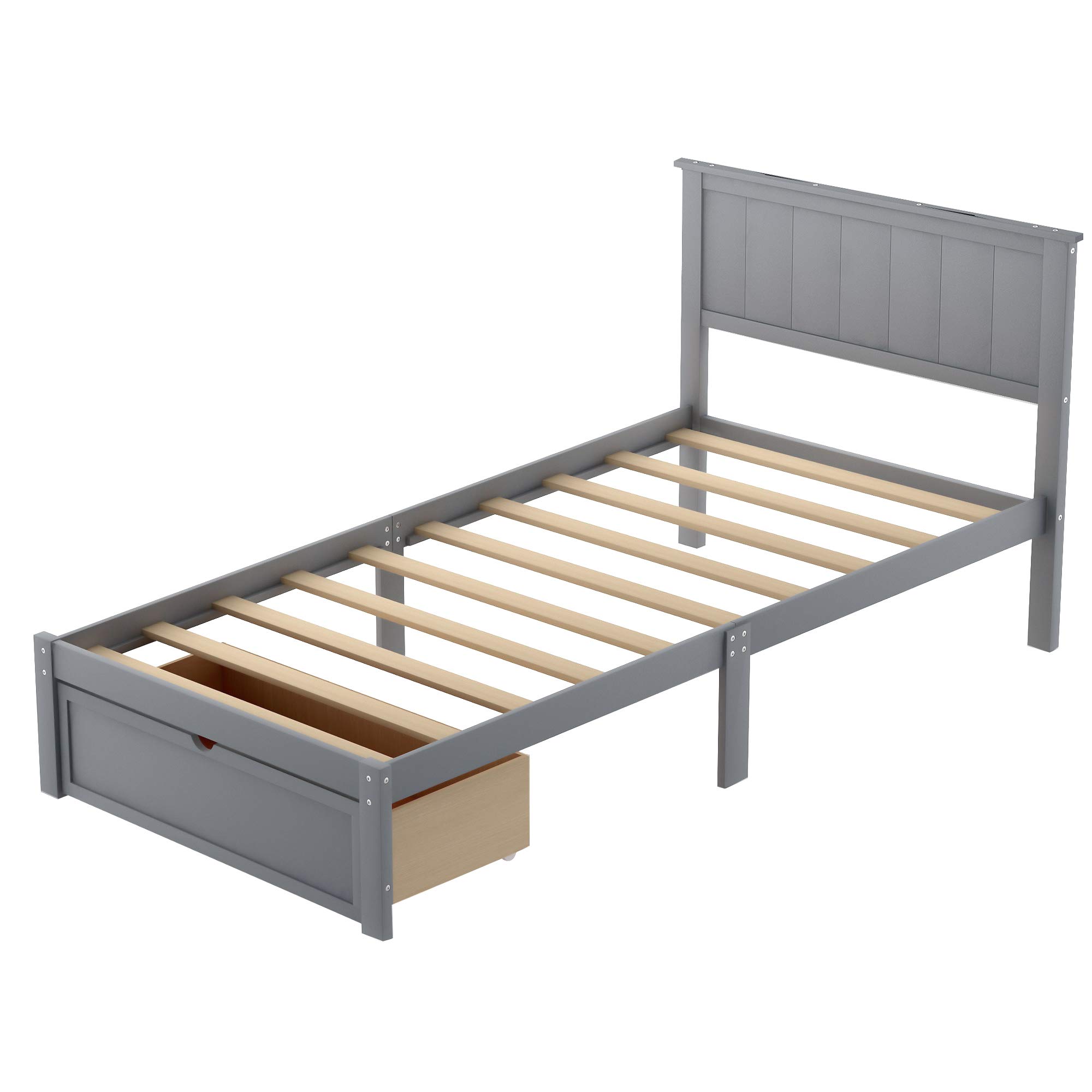 Knocbel Twin Bed Frame with Headboard & Under-Bed Storage Drawer - Solid Wood Platform Bed with 10-Slat Support System (300lbs Capacity, Gray) - Perfect for Small Bedrooms, Guest Rooms & Kids' Rooms