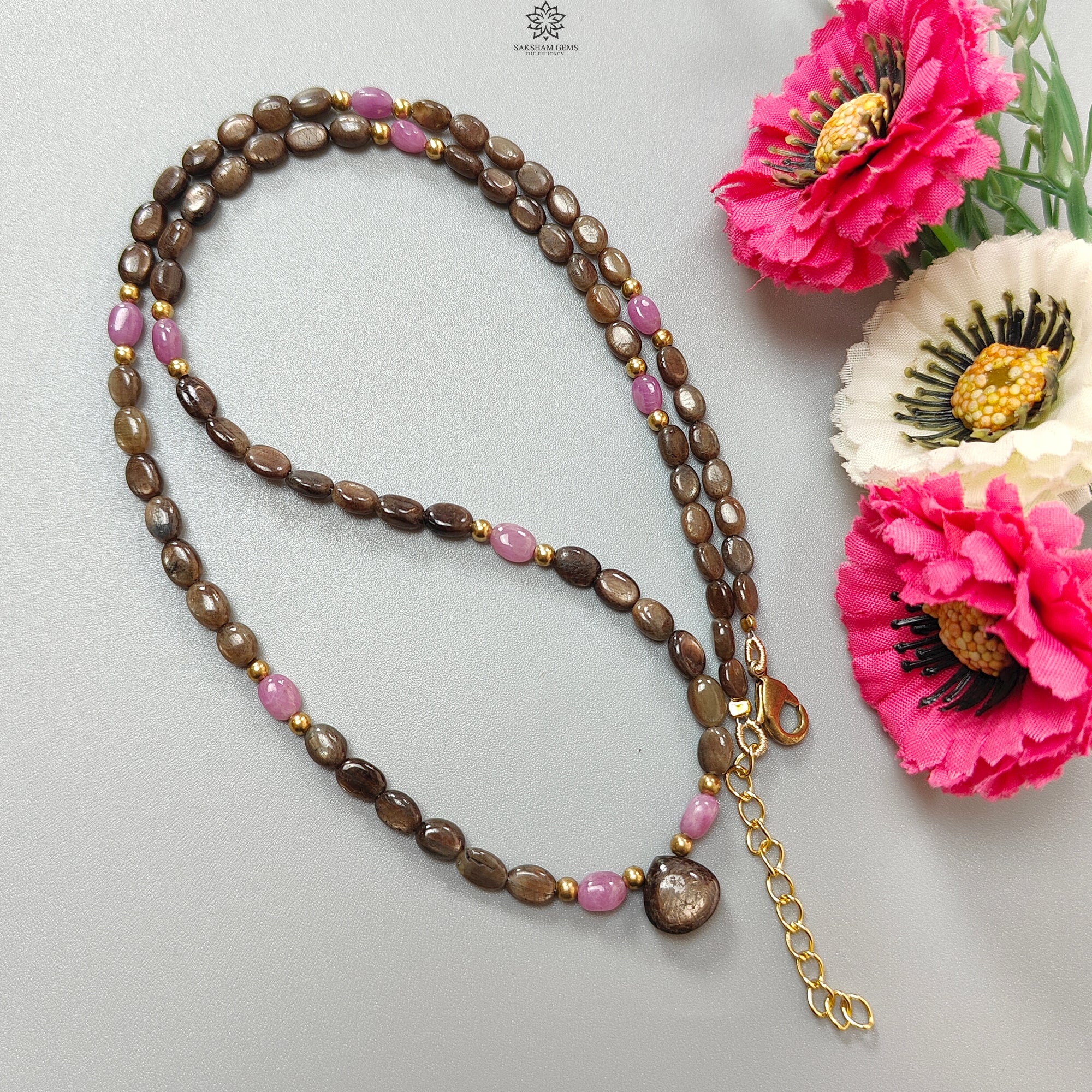 Golden & Pink Sapphire Oval Plain Brass Necklace - 18.04gms, 5x4mm, 7x5mm, 10mm (Approx 21