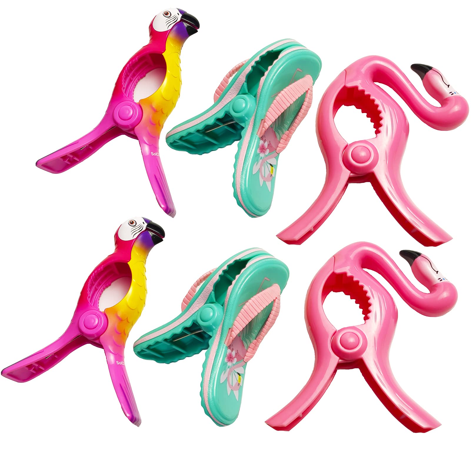 6-Piece Beach Towel Clips Set - Flamingo & Parrot Design Flip Flop Towel Holders - Perfect Size for Pool Loungers, Blankets & Chairs - Great for Beach, Poolside & Vacation Use