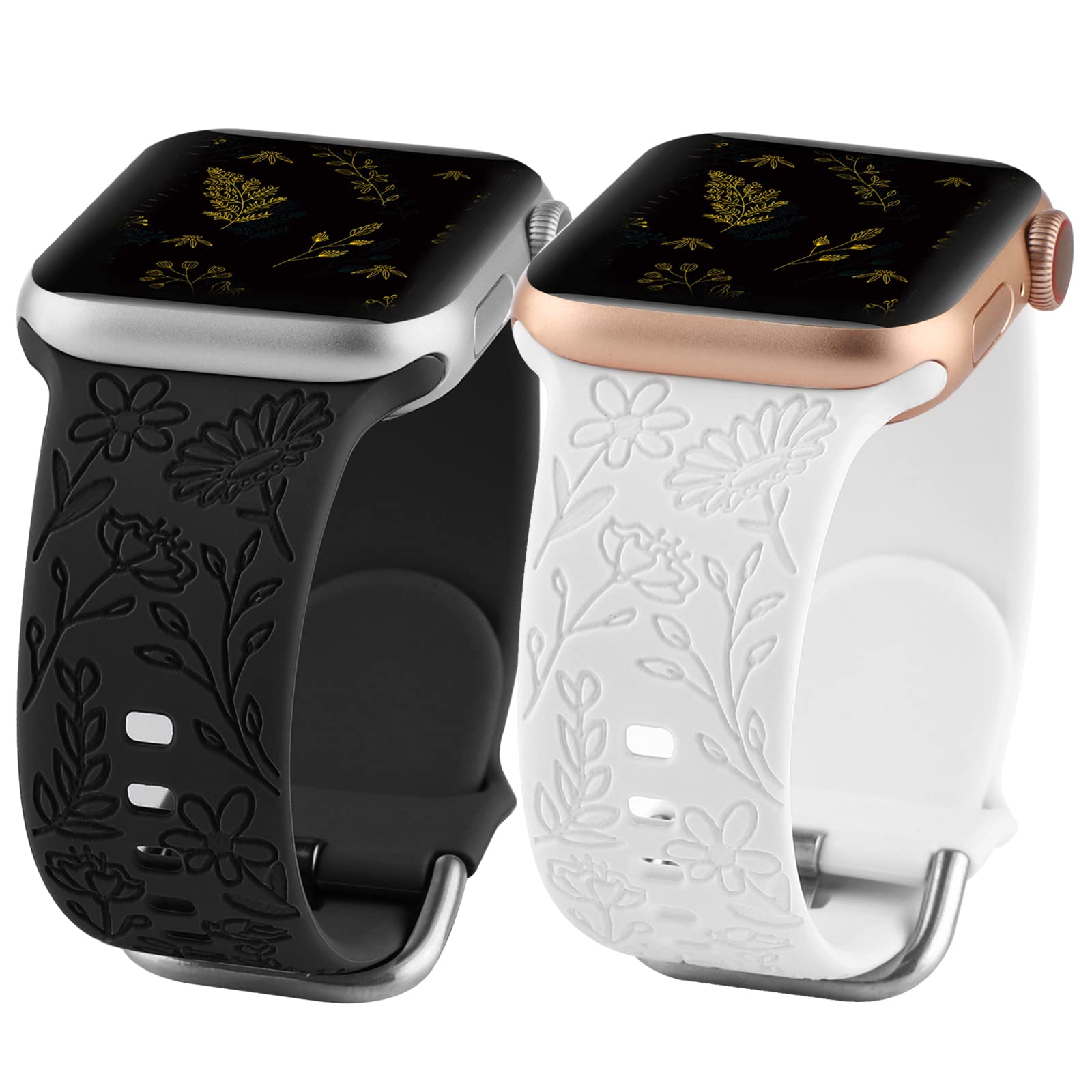 2 Pack Floral Engraved Sport Strap for Apple Watch 38mm 40mm 41mm - Soft Silicone Wristband Compatible with iWatch Series 8/7/6/5/4/3/2/1/SE - Women's Fashion Accessory for Workout, Running & Daily Wear