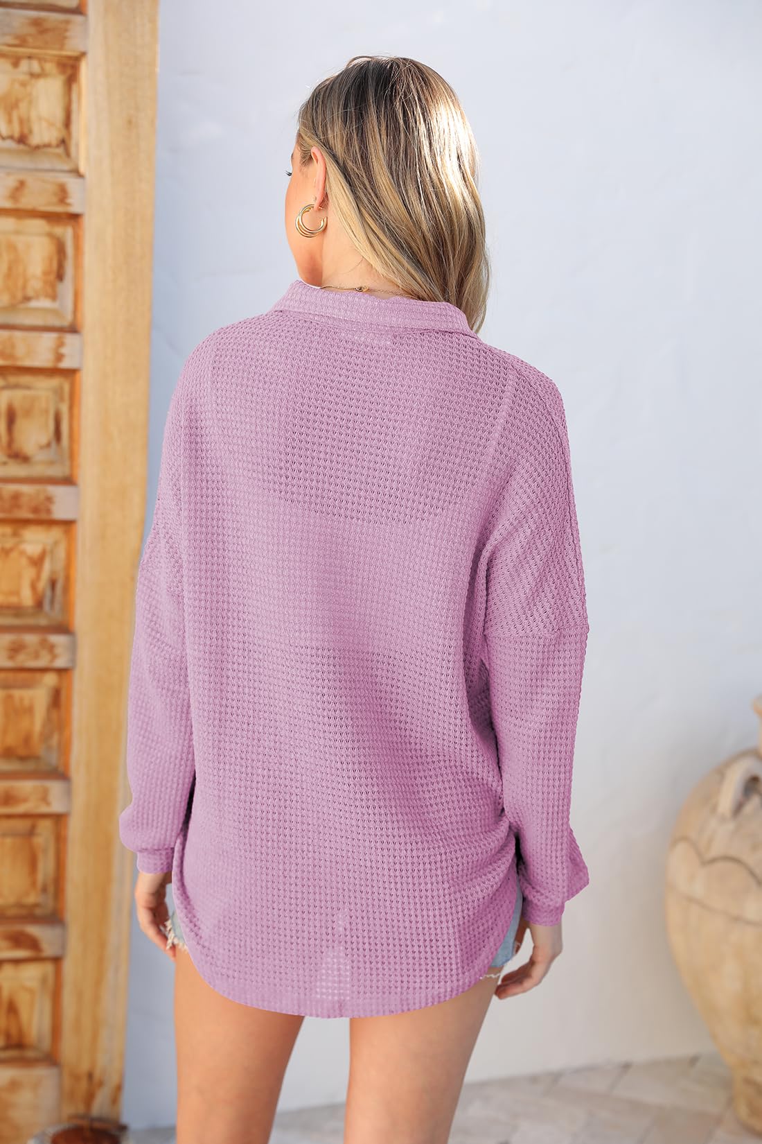 Naggoo Women's Long Sleeve Button Down Shirt - Waffle Knit Shacket Jacket & Oversized Blouse Top for Casual Wear, Work Office & Fall Layering