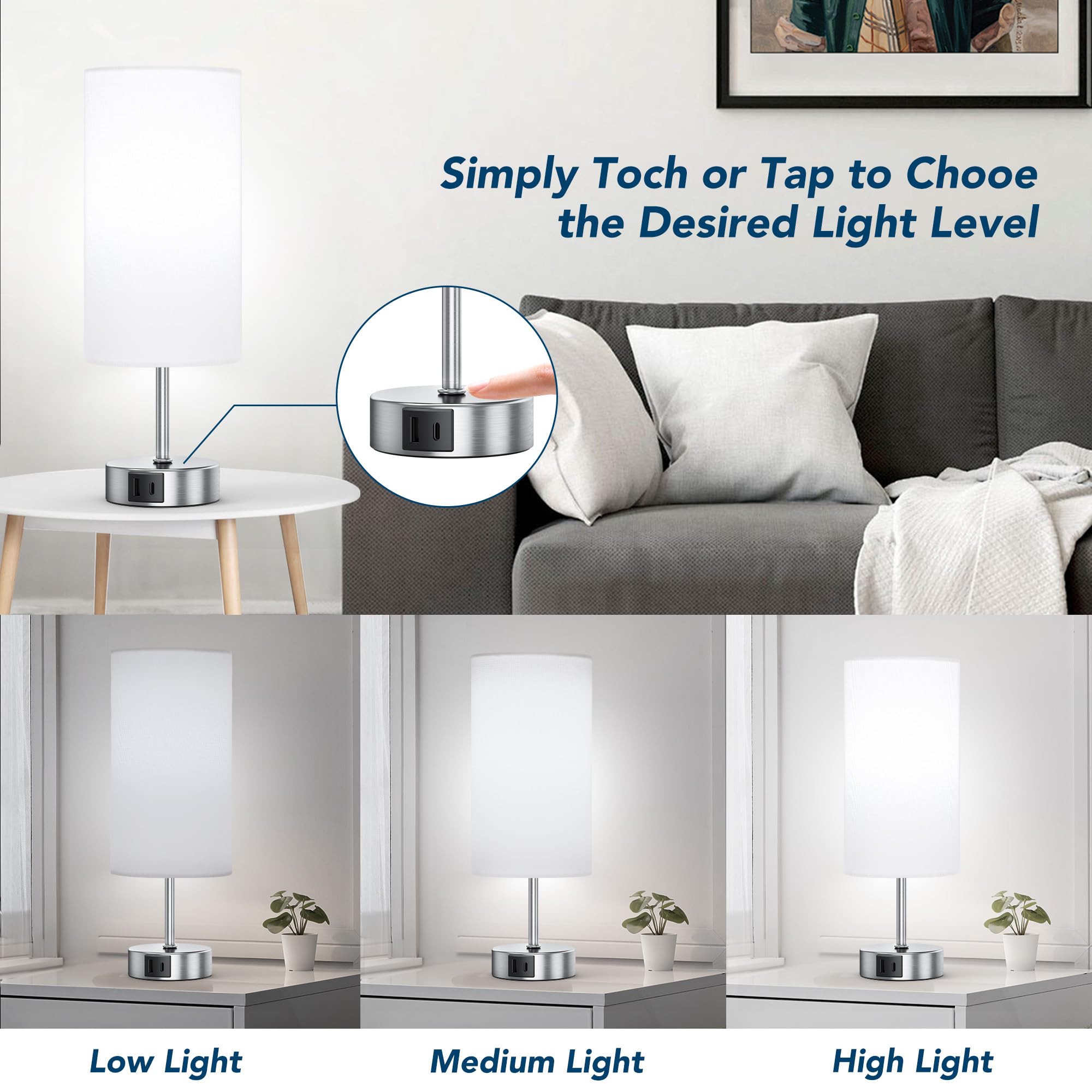3-Way Dimmable Touch Control Table Lamp with 2 USB Ports - 6500K Daylight LED Bedside Lamp for Bedroom, Living Room & Office - Perfect for Reading, Working & Nightstand Use