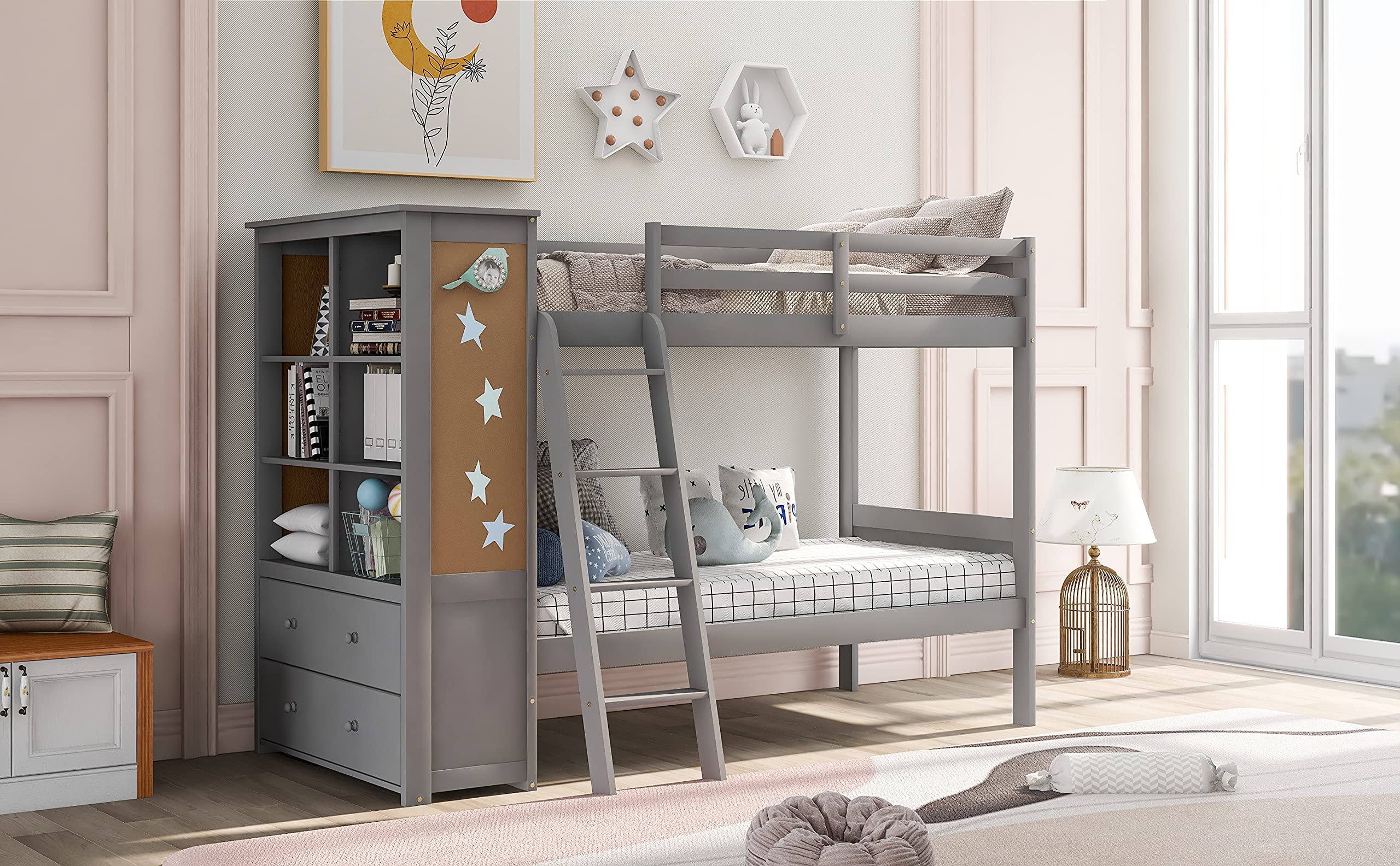 Twin Over Twin Wood Bunk Bed with Bookcase & Storage - Full-Length Guardrails & Ladder - Multi-Functional Kids Bunk Bed with Shelves & Drawers (Gray) - Perfect for Small Bedrooms, Shared Kids Rooms & Space-Saving Solutions