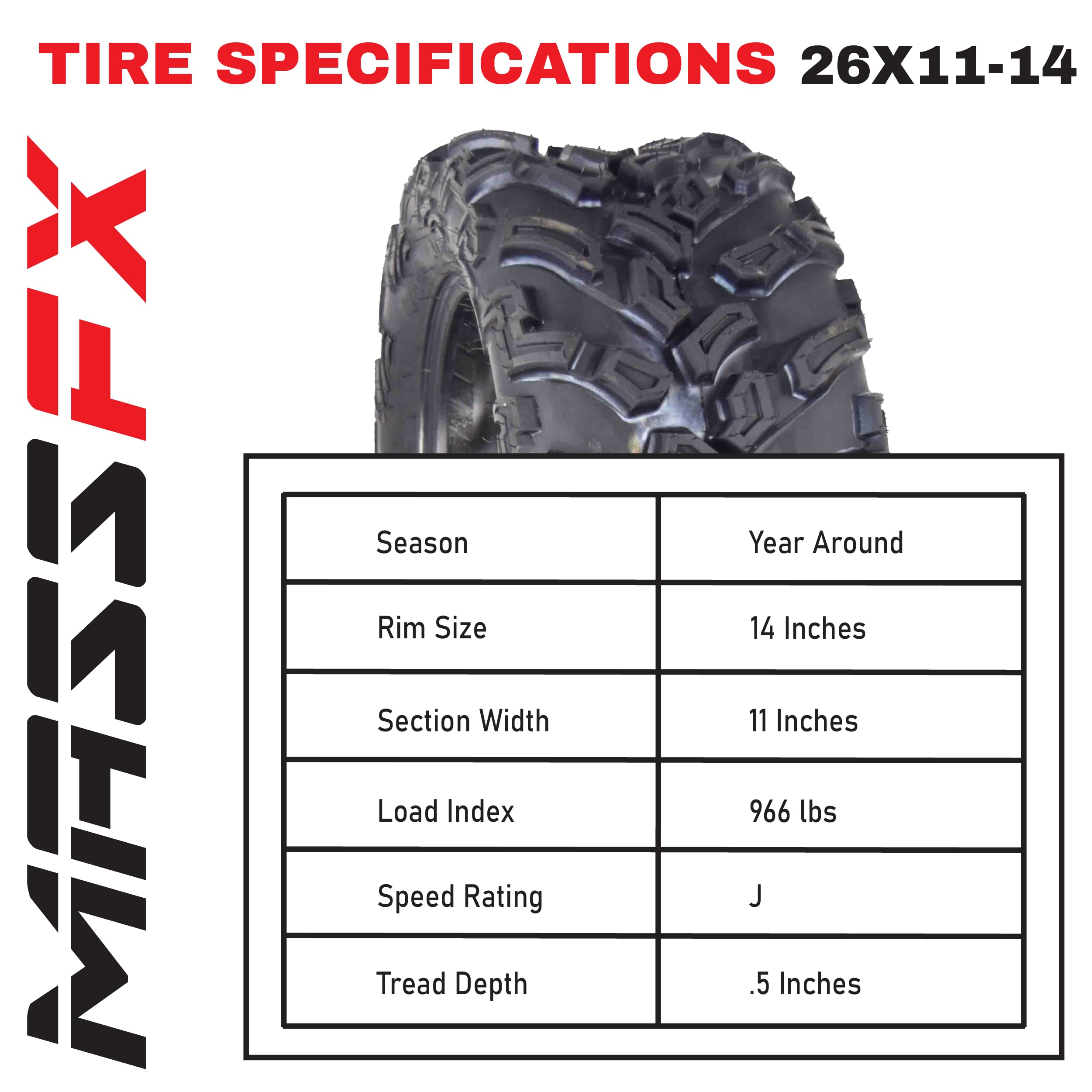 MASSFX SL Off-Road 26x9-14 Front & 26x11-14 Rear ATV/UTV Tires 6-Ply - Heavy Duty All-Terrain Tires for Side by Sides (SxS) - Perfect for Mud, Sand & Trail Riding - Set of 4 (2 Front & 2 Rear)