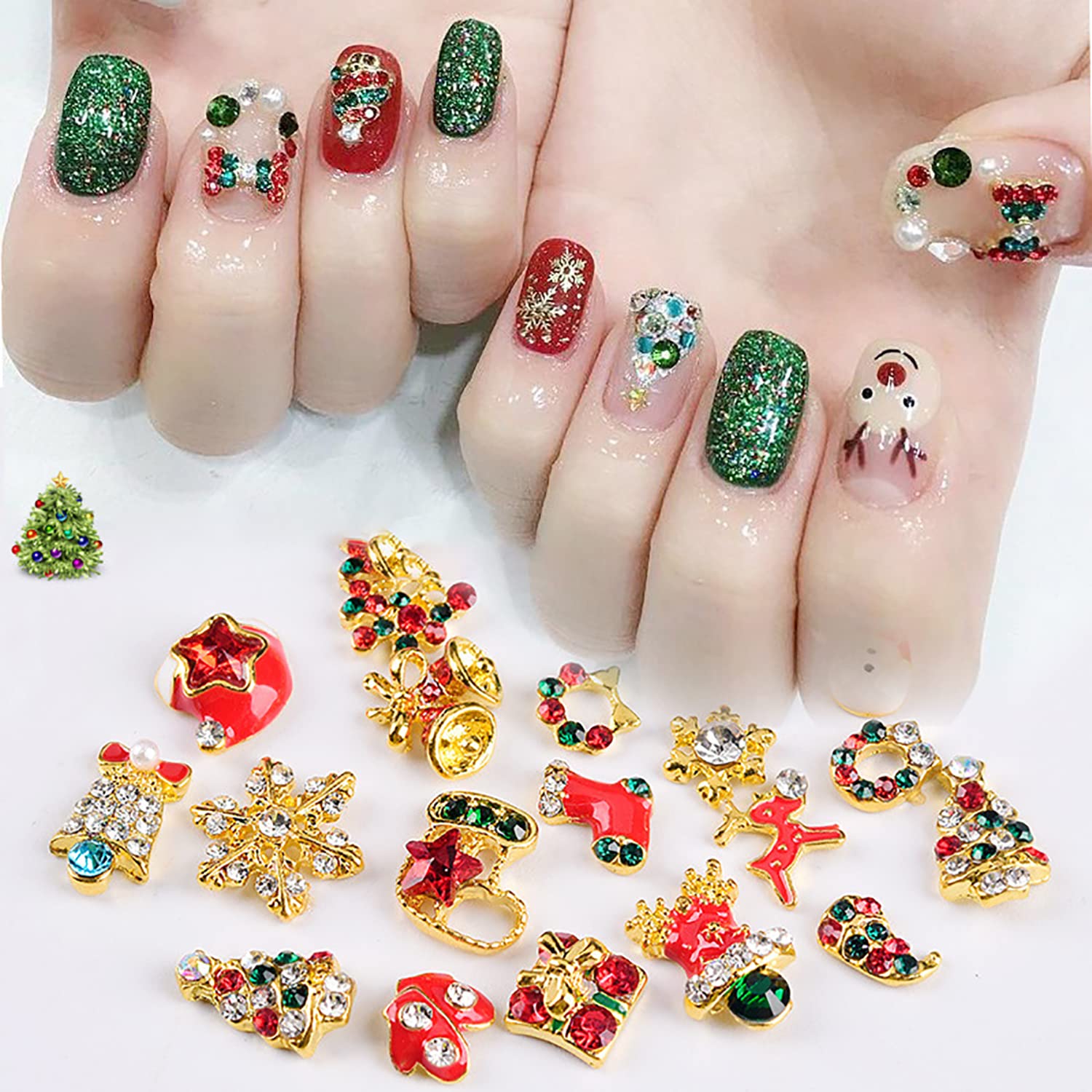 WOKOTO 24 Pcs Christmas Nail Charms - 3D Holiday Nail Art Decorations with Christmas Tree, Bells, Snowman & Rhinestones | Perfect for DIY Nail Art, Holiday Parties & Festive Manicures