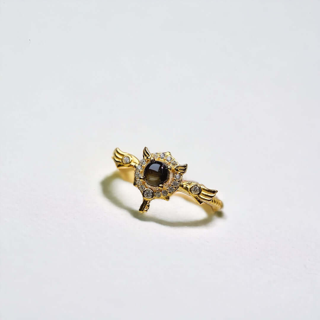 18K Gold Angel Wings Black Star Sapphire Ring for Women - Elegant Jewelry Gift for Birthday, Anniversary & Valentine's Day | NS2407