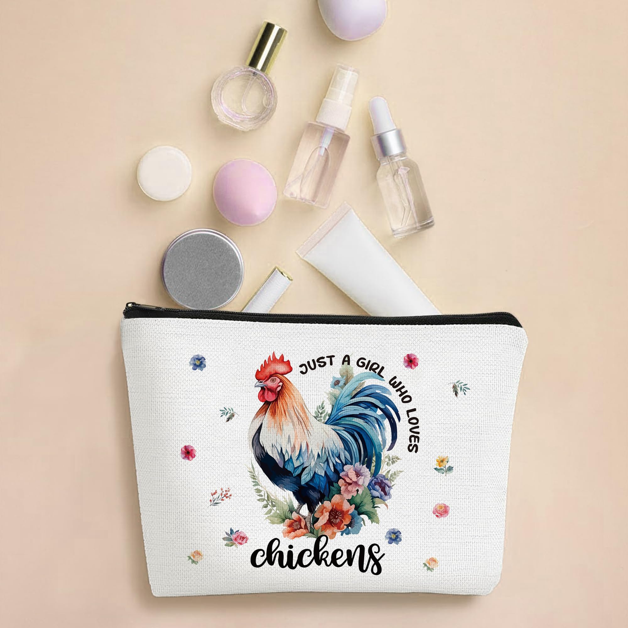 SEAOYOAZO Funny Chicken Makeup Bag for Women - Floral Cosmetic Toiletry Travel Bag for Girls - Perfect Gift for Chicken Lovers - Just a Girl Who Loves Chickens - Ideal for Travel, Gym & Daily Use