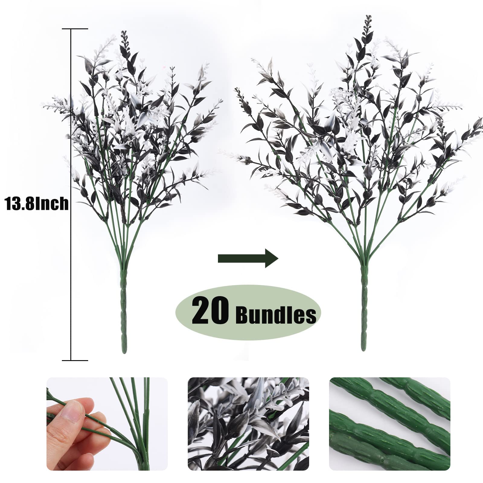 RECUTMS 20 Bundles Black & White Artificial Lavender Flowers - UV Resistant Faux Outdoor Plants for Indoor/Outside Decor - Perfect for Hanging Baskets, Wedding Centerpieces, and Home Garden Decorations