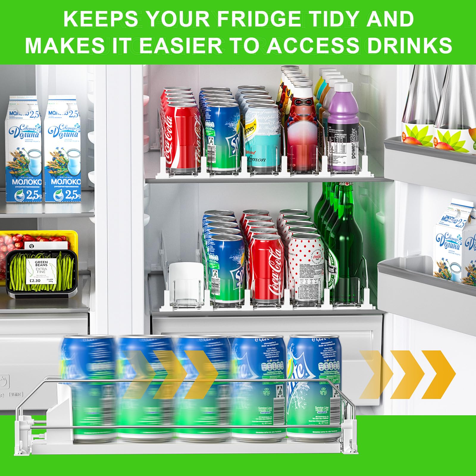 Upgraded Fridge Drink Organizer - Space-Saving Beverage Dispenser with Automatic Pusher Glide & Adjustable Width - Holds 25 Cans (5 Rows, White) - Perfect for Soda, Beer, Juice Organization in Home, Office or Party Fridge