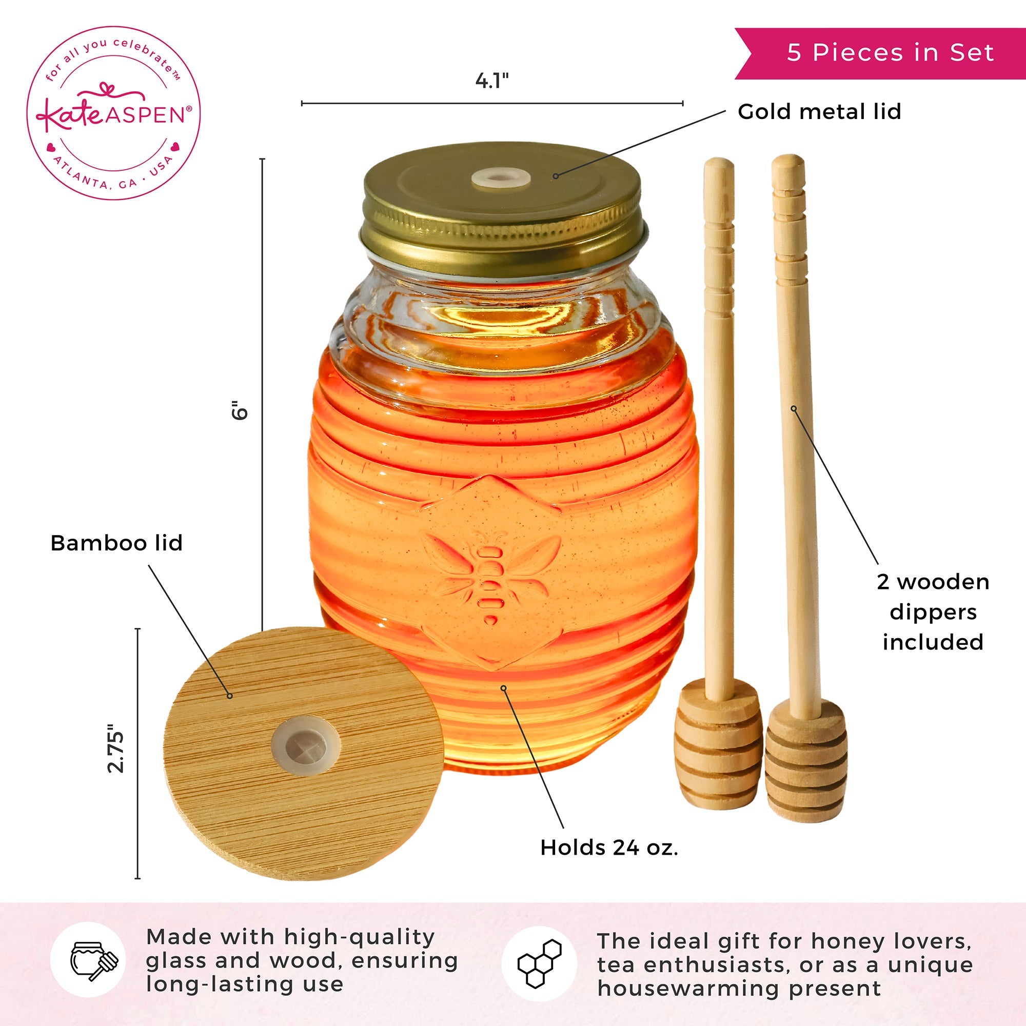 Premium Glass Honey Jar with Stainless Steel Dipper Set - Includes 2 Lids & 2 Dippers for Easy Pouring - Perfect for Raw Honey Storage, Tea Sweetener, and Gift Giving