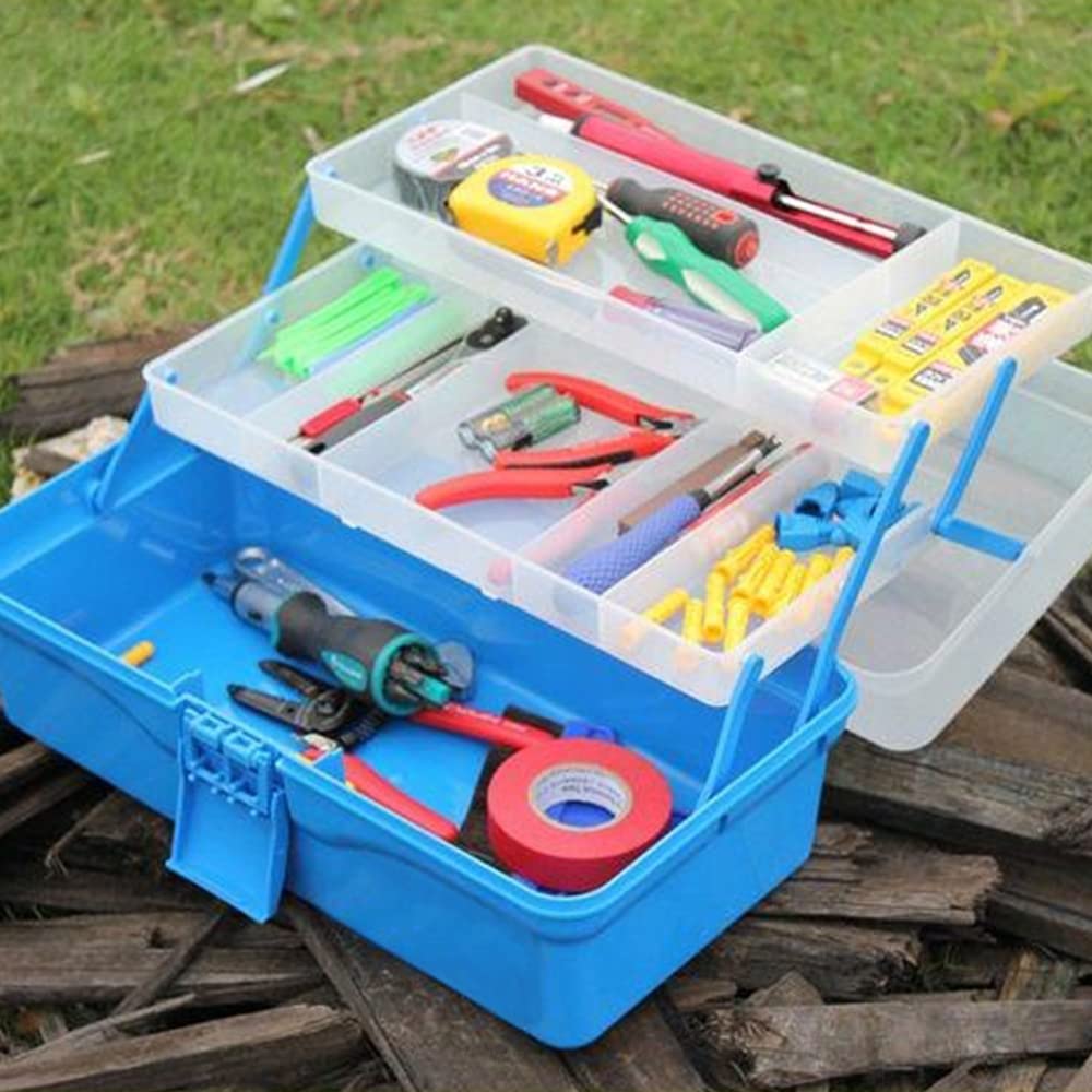 Utoolmart 3-Layer Portable Folding Tool Box with Cantilever Tray - 13 x 7.9 x 5.9 Inches Plastic Hardware Storage Organizer (Blue) - Perfect for DIY Projects, Home Repairs & Car Maintenance