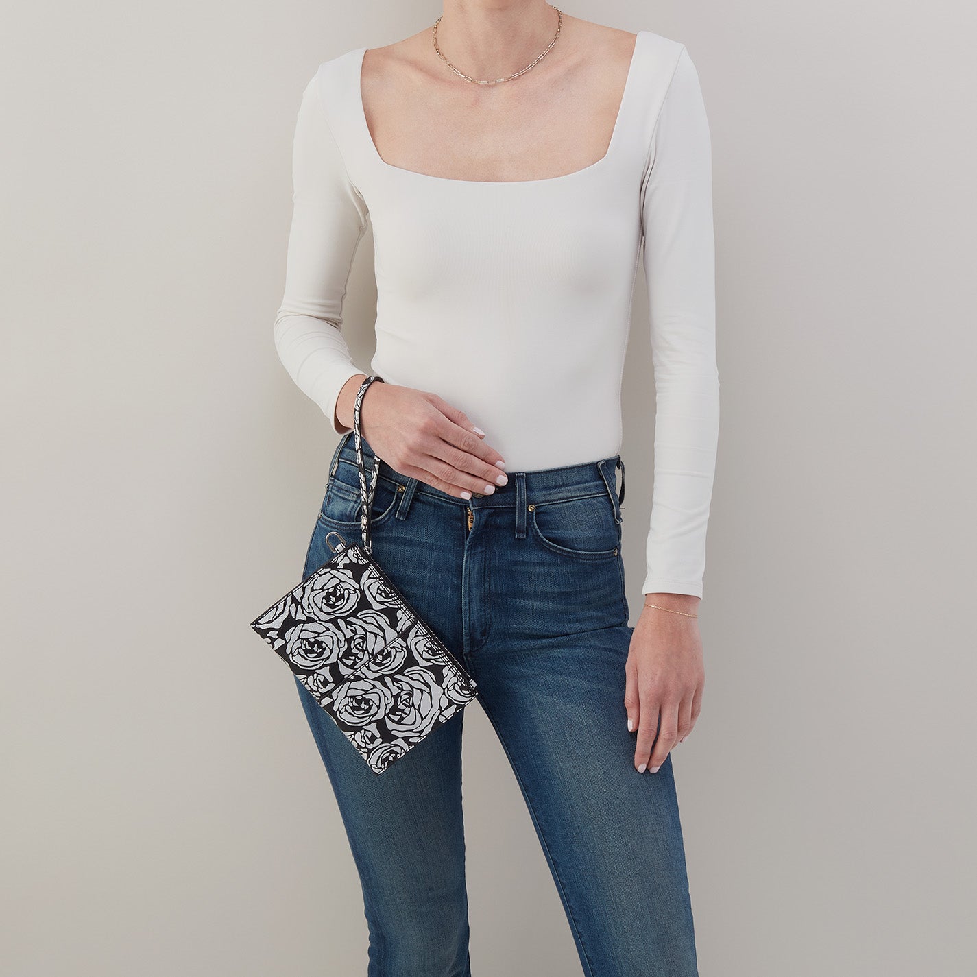 Vida Small Pouch in Micro Pebbled Leather - Silver Rose Print | Compact Wristlet Clutch for Women | Perfect for Parties, Weddings & Everyday Use