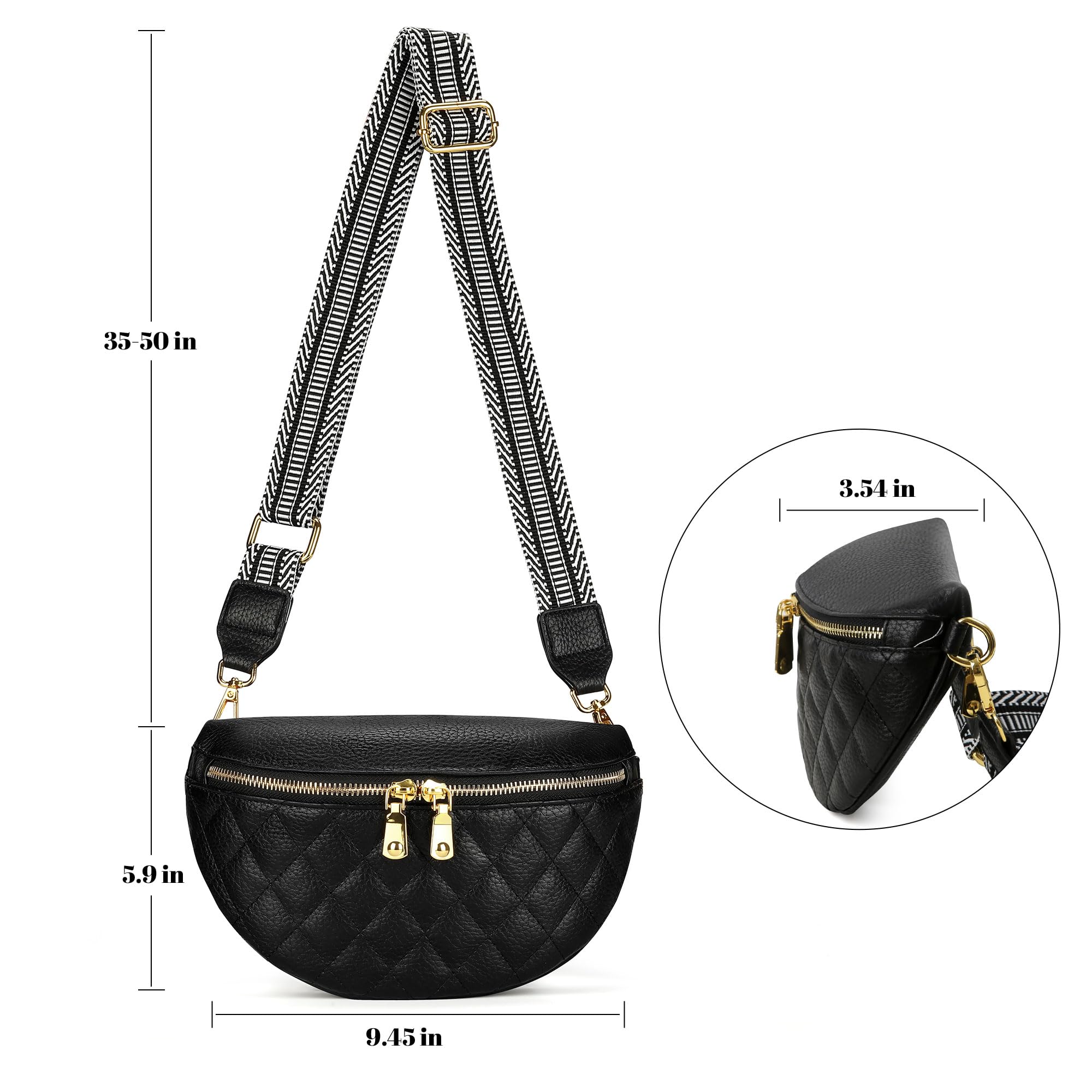 Women's Anti-Theft Leather Quilted Belt Bag with Removable Strap - Stylish Fanny Pack for Travel, Running & Everyday Use (Black)