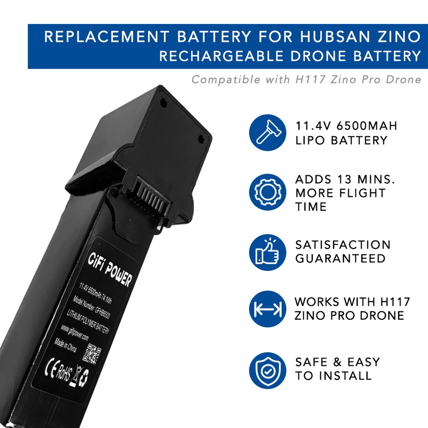 Hubsan Zino H117S 11.4V 6500mAh Rechargeable Drone Battery - Long Flight Time Replacement Power for Aerial Photography & Outdoor Adventures