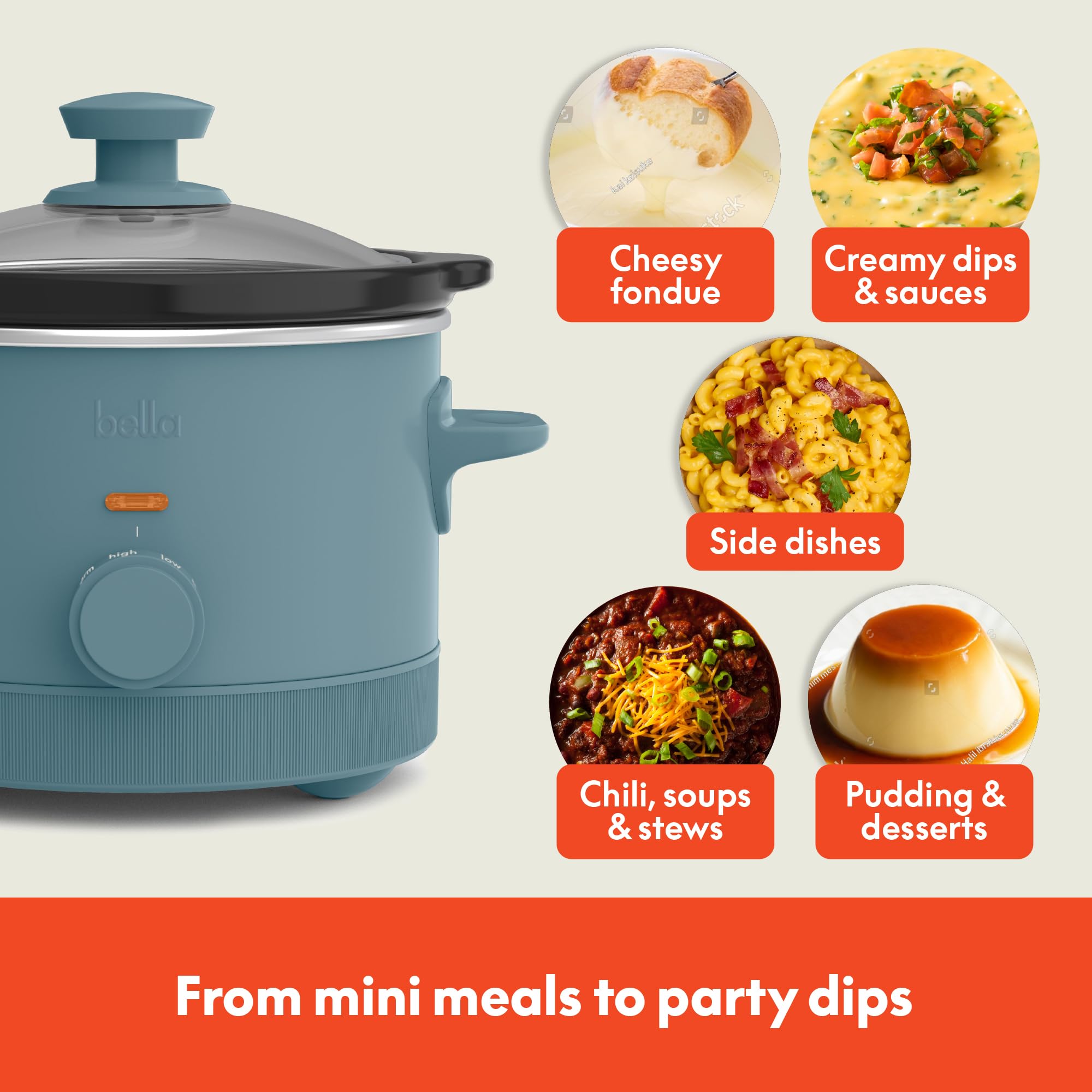 Bella 1.5 Qt Slow Cooker with 3 Heat Settings - Manual Control, EverGood™ Ceramic Nonstick Coating, Dishwasher Safe Stoneware Pot & Tempered Glass Lid - Tangle-Free Cord Wrap & Cool-Touch Handles - Perfect for Small Families, Dorm Rooms, Office Lunches & Meal Prep