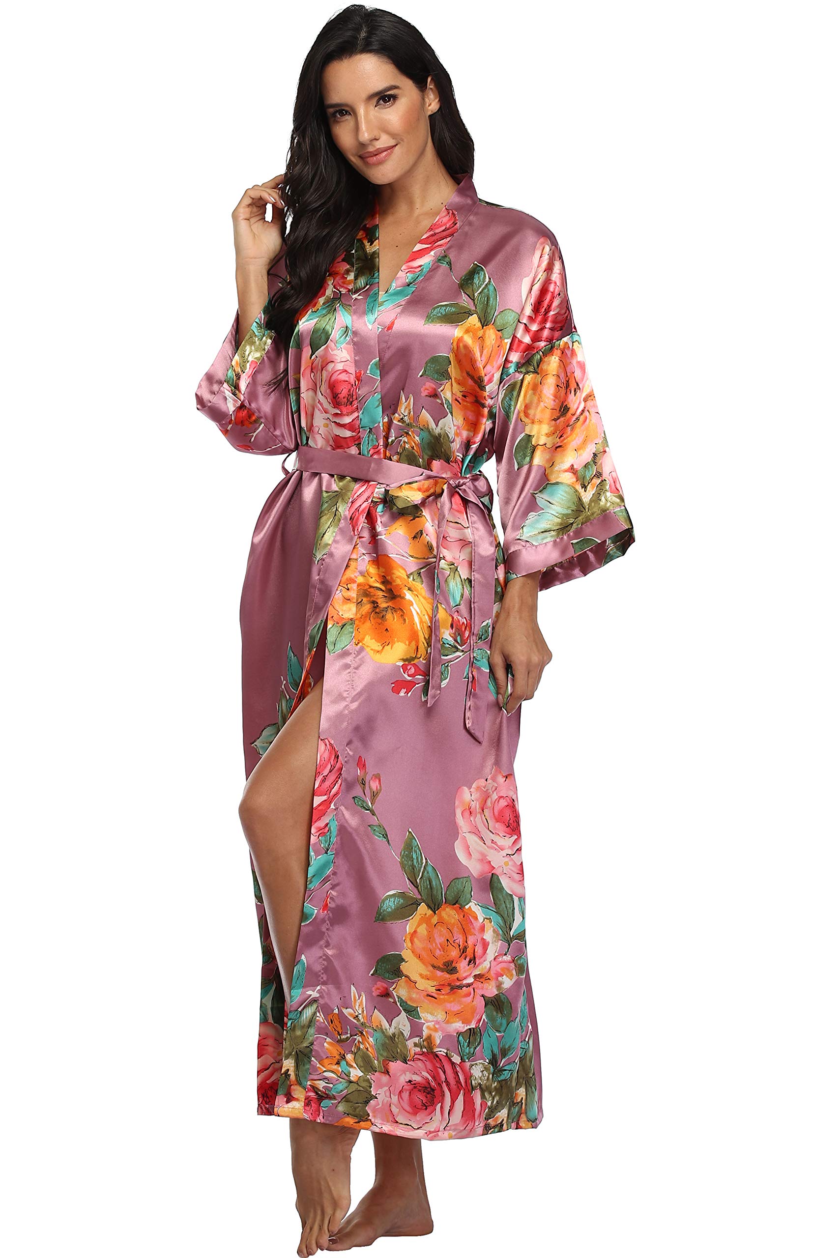 Women's Floral Silk Kimono Robe - Long Satin Bridesmaid & Wedding Party Robe - Elegant Loungewear & Bridal Dressing Gown for Spa, Honeymoon & Relaxation at Home