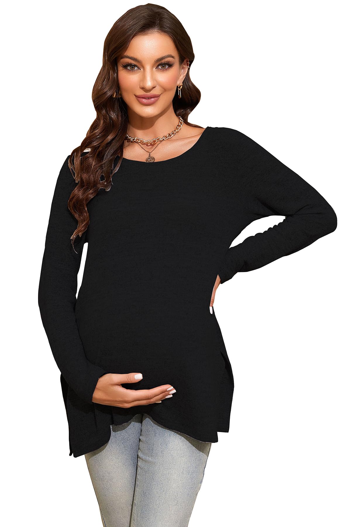 Smallshow Women's Maternity Shirts - Side Split Long Sleeve Pregnancy Tops for Comfort & Style | Perfect for Work, Casual Wear & Maternity Photos