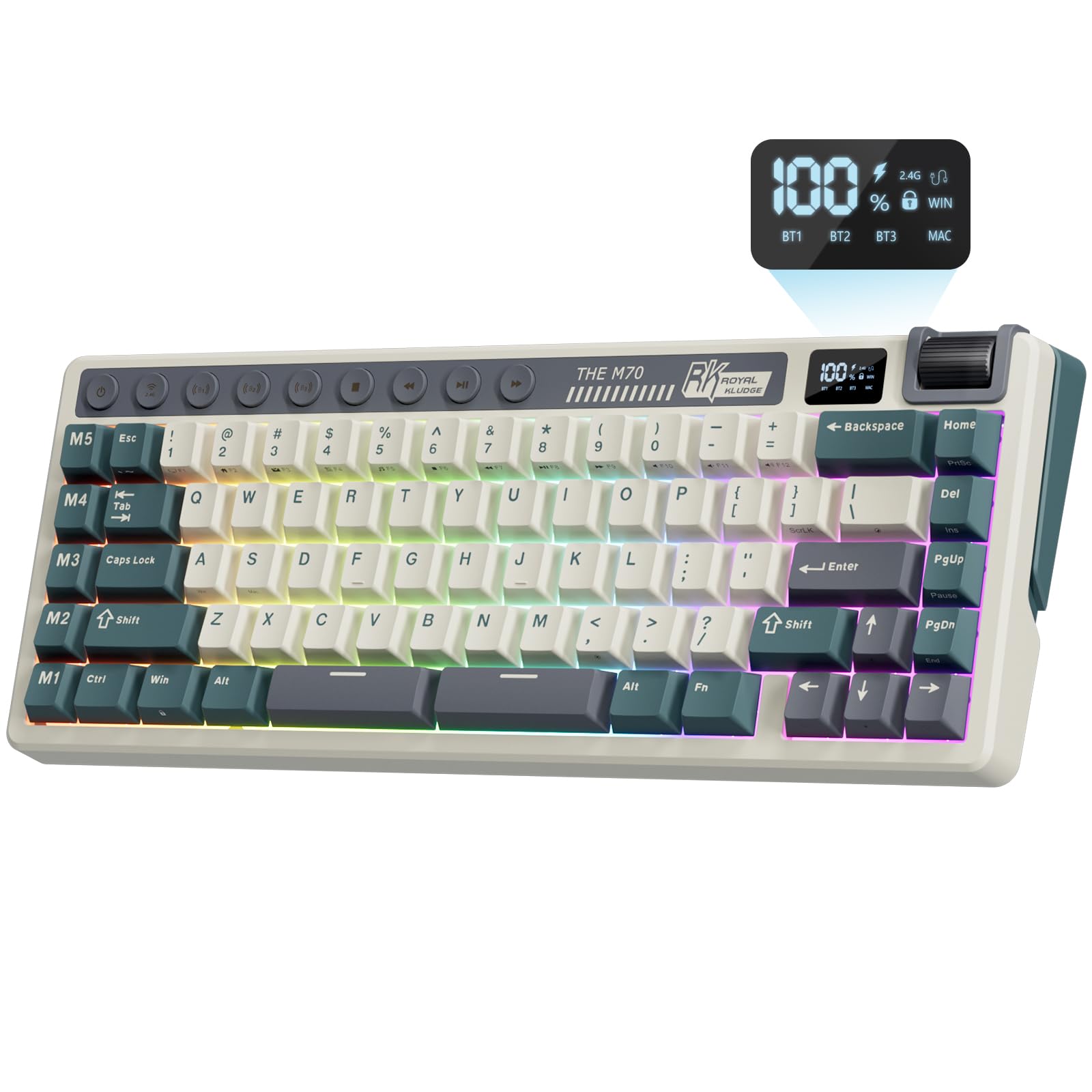 RK ROYAL KLUDGE M70 75% Wireless Mechanical Gaming Keyboard - 2.4GHz/Bluetooth/Wired Triple Mode, Hot-Swappable Soft Tactile Beige Switch, 6000mAh Battery, RGB Backlit, Gasket-Mount Design with Macro Keys & Volume Knob - Perfect for Office Work, Gaming & Programming