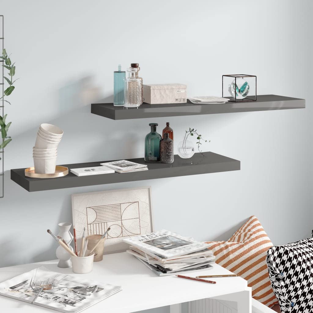 CHARMMA Floating Wall Shelves Set of 2 - Modern High Gloss Gray MDF Shelves (35.4