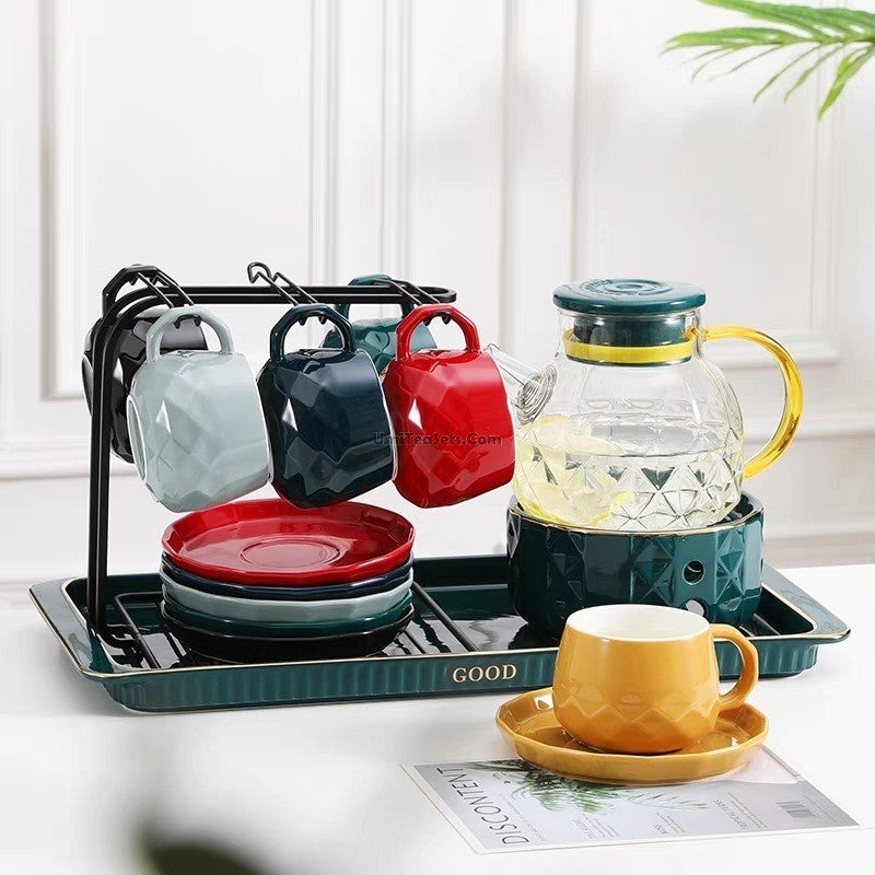 Elegant Modern Afternoon Tea Set with Warmer - Porcelain Tea Pot with Cups & Saucers - Perfect for Home Tea Parties, Bridal Showers & Cozy Afternoon Tea Time