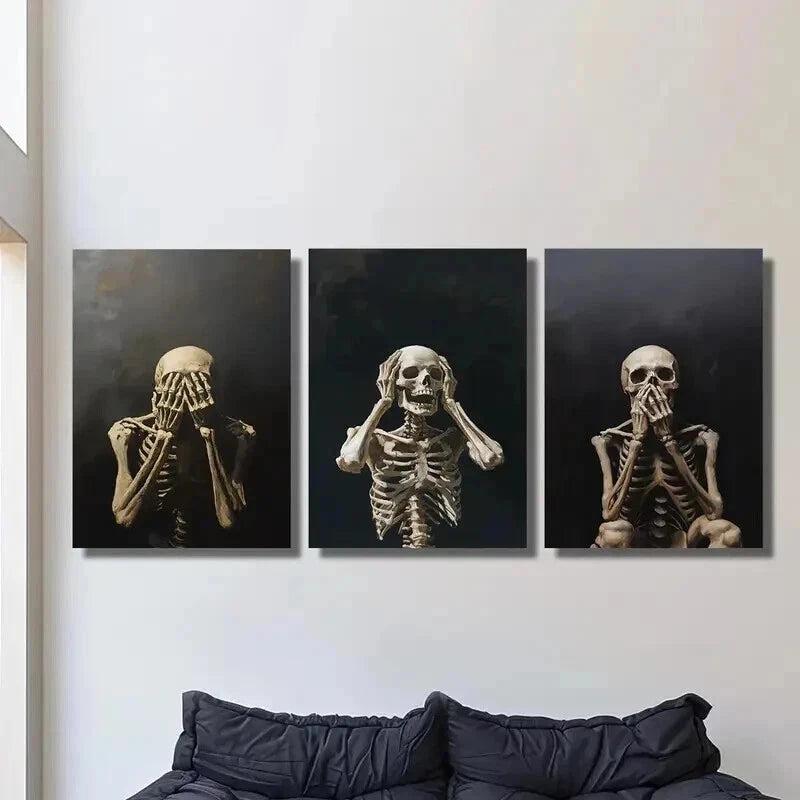 3-Piece Golden Skeleton Wall Art Set - Framed Canvas Prints 50x70cm - High Quality Australian Made Home Decor for Halloween, Gothic & Modern Interior Design - Ready to Hang Living Room, Bedroom or Office Decor