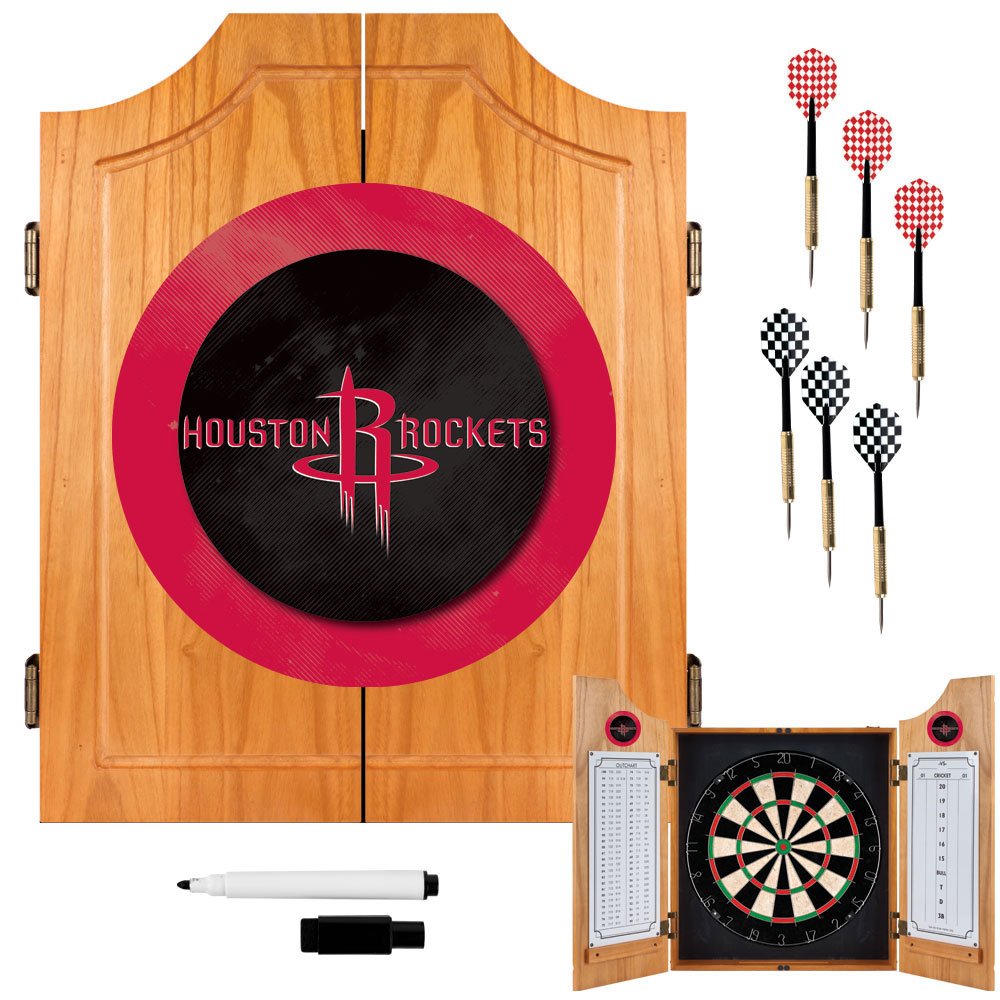Houston Rockets NBA Wooden Dartboard Cabinet Set with Darts - Perfect for Game Rooms, Bars, and Sports Fan Gifts