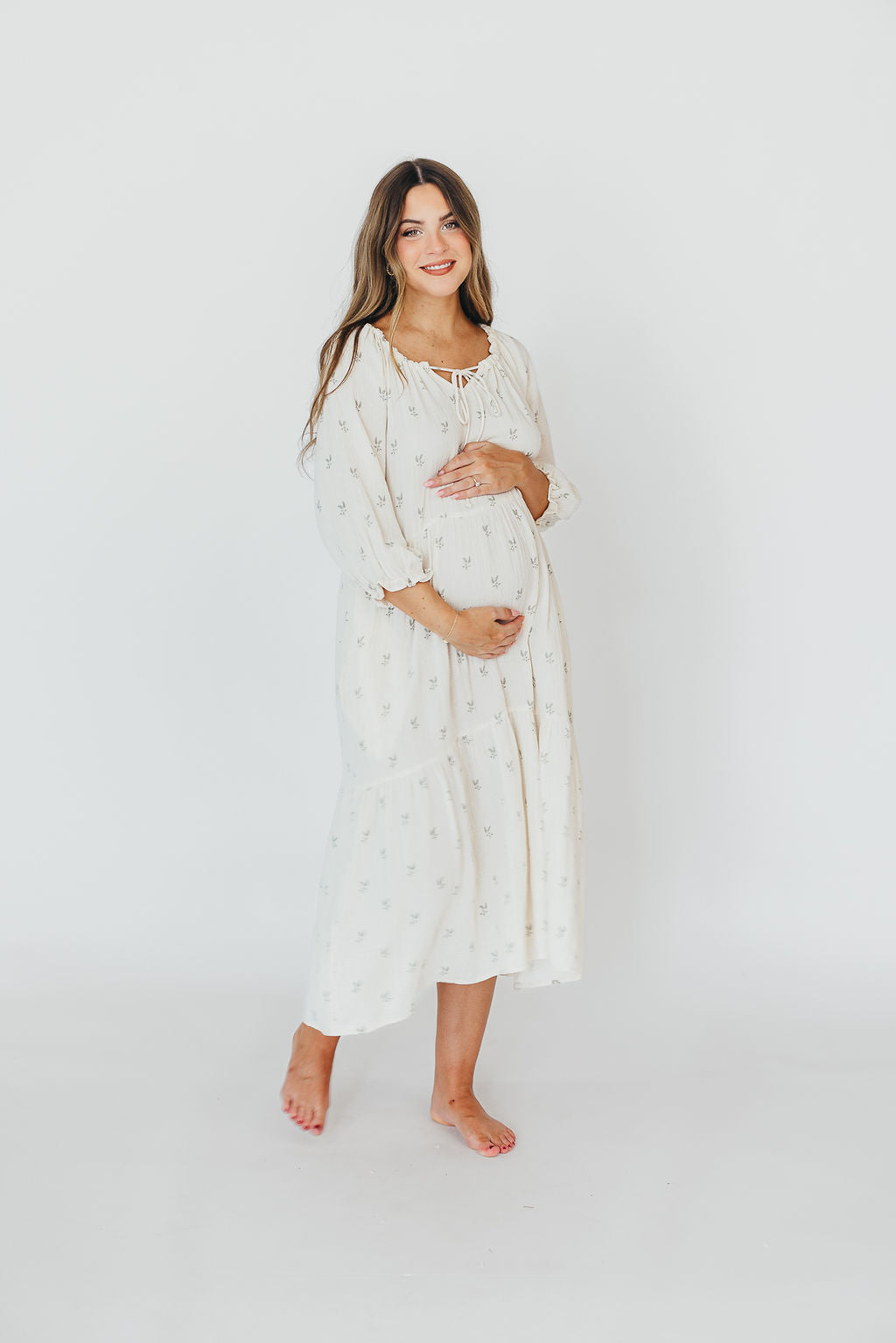 Avery Tiered Linen Blend Midi Dress in Soy/Sage Foliage - Bump Friendly Maternity Dress with Inclusive Sizing for Women - Perfect for Summer Weddings, Beach Vacations & Brunch Dates