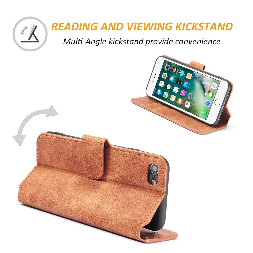 UEEBAI Luxury PU Leather Vintage Wallet Case for iPhone SE 2022 5G/iPhone 7/iPhone 8/iPhone SE 2020/SE3/SE2 - Shockproof Flip Cover with Card Slots & Magnetic Stand (Brown) - Perfect for Business, Travel & Everyday Protection