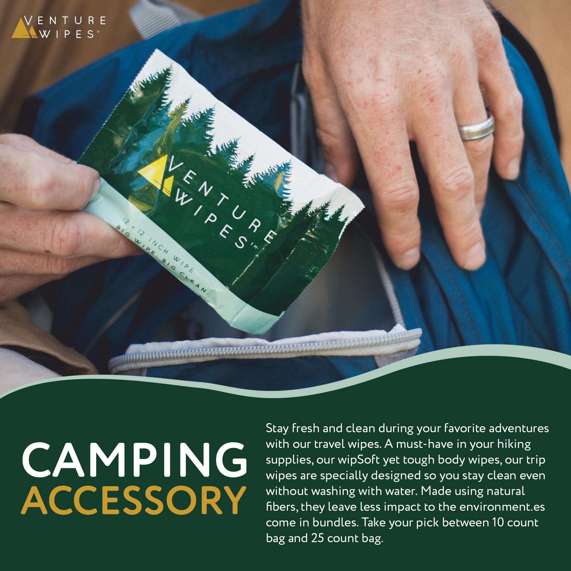 Venture Tea Tree Oil Body Wipes for Adults - Biodegradable Cleansing Wipes with Aloe & Vitamin E - Individually Wrapped - 10 Count - Perfect for Camping, Hiking, Travel & Outdoor Adventures
