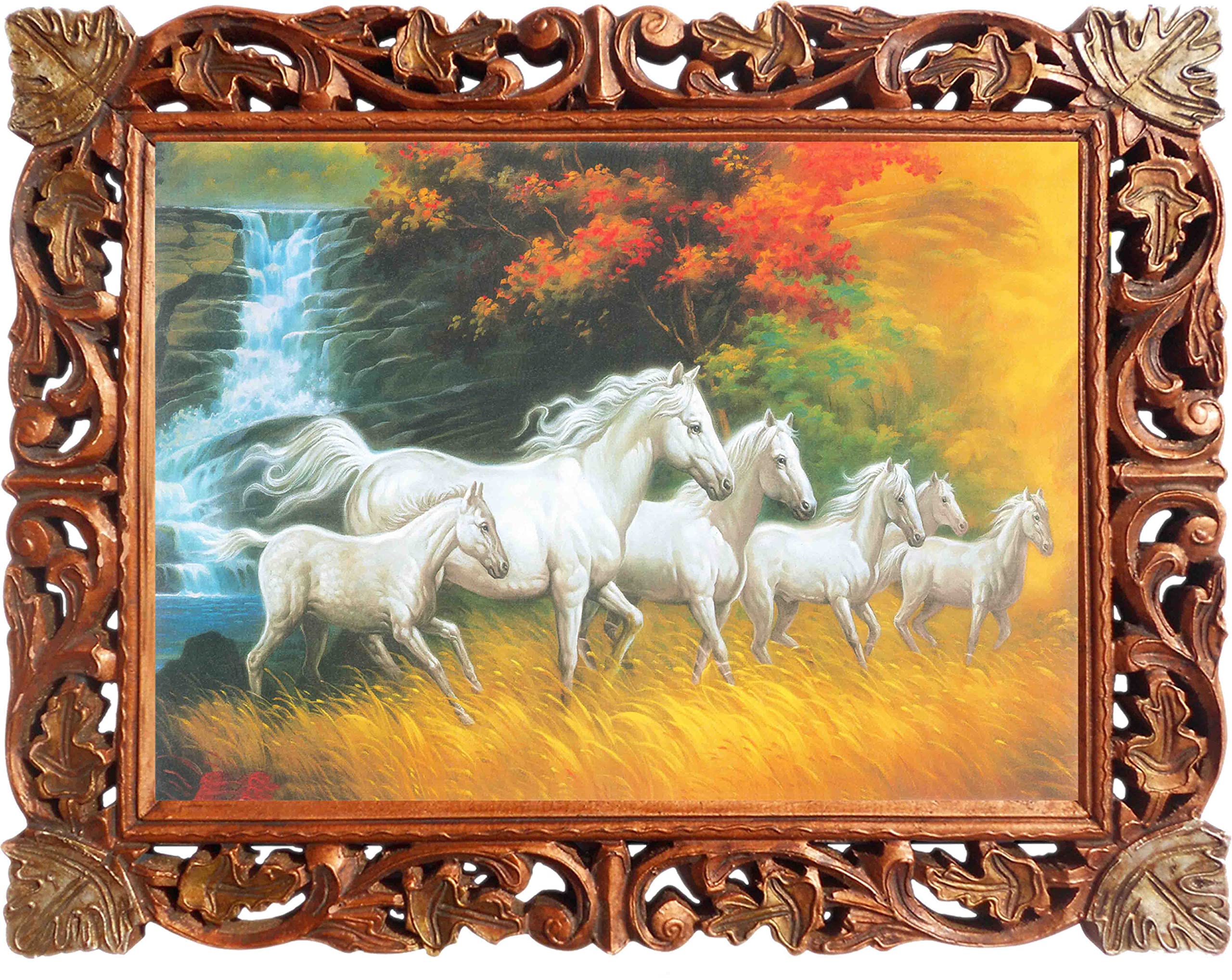 Seven White Running Horses in Greenery and Waterfall Framed Poster - Handcrafted Wood Frame for Vaastu Shastra - Brings Peace, Harmony & Success - Perfect for Home Decor, Office Wall Art & Gift Giving