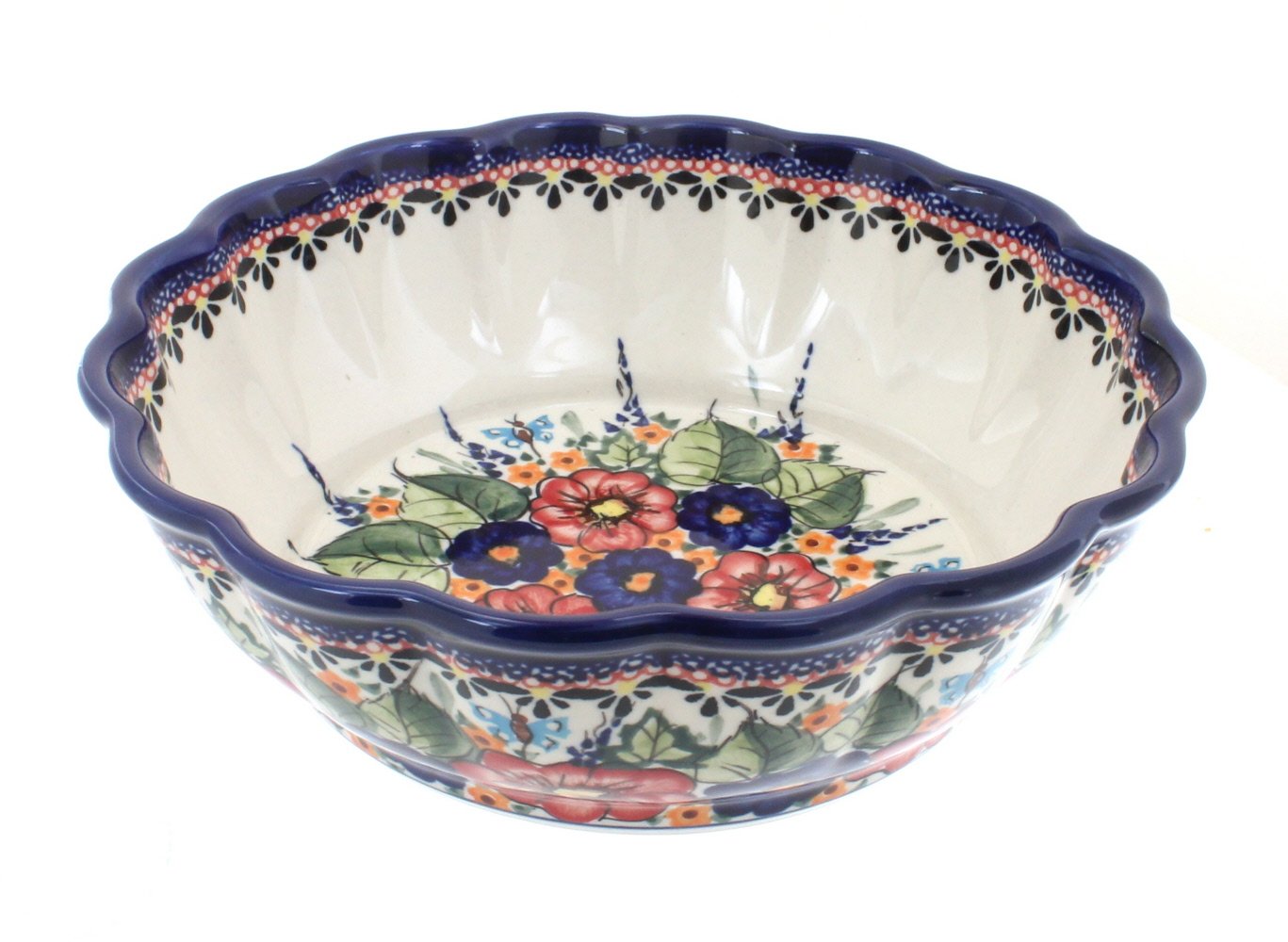 Blue Rose Polish Pottery Floral Butterfly Medium Scallop Bowl - Handmade Ceramic Serving Bowl for Salad, Soup, Dessert - Perfect for Dining, Kitchen Decor & Gift Giving