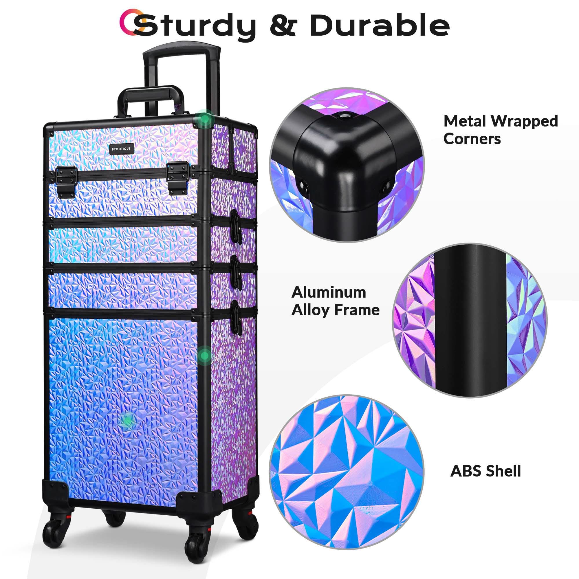 BYOOTIQUE 4-in-1 Rolling Makeup Train Case - Lockable Cosmetic Trolley Organizer with Wheels for Travel, Salon & Barber - Mermaid Purple | Perfect for Makeup Artists, Nail Technicians & Beauty Professionals On-The-Go