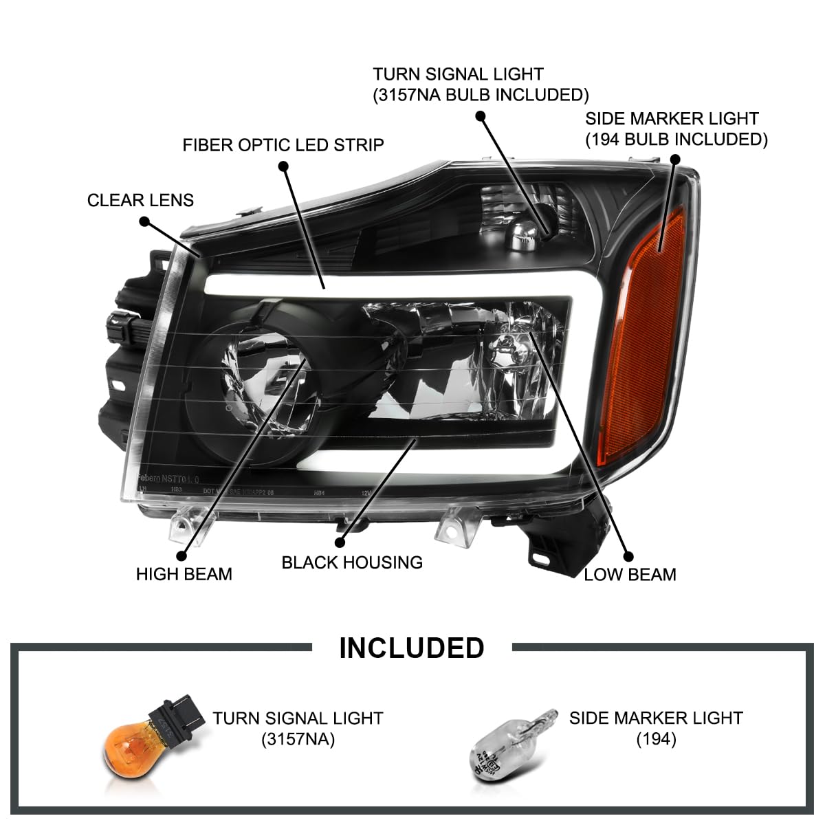 Spec-D Tuning Black LED Headlights with Light Bar - Compatible with 2004-2015 Nissan Titan & 2004-2007 Armada - Left & Right Headlamp Assembly Pair - Upgrade for Night Driving & Off-Road Adventures
