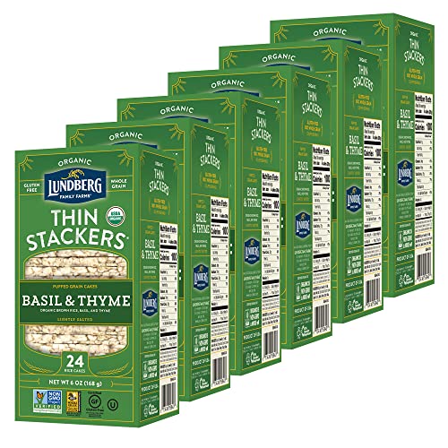 Lundberg Organic Thin Stackers Rice Cakes - Basil & Thyme Flavor, 6 oz (Pack of 6) | Gluten-Free, Vegan, Healthy Snacks | Perfect for On-the-Go, School Lunches & Weight Management