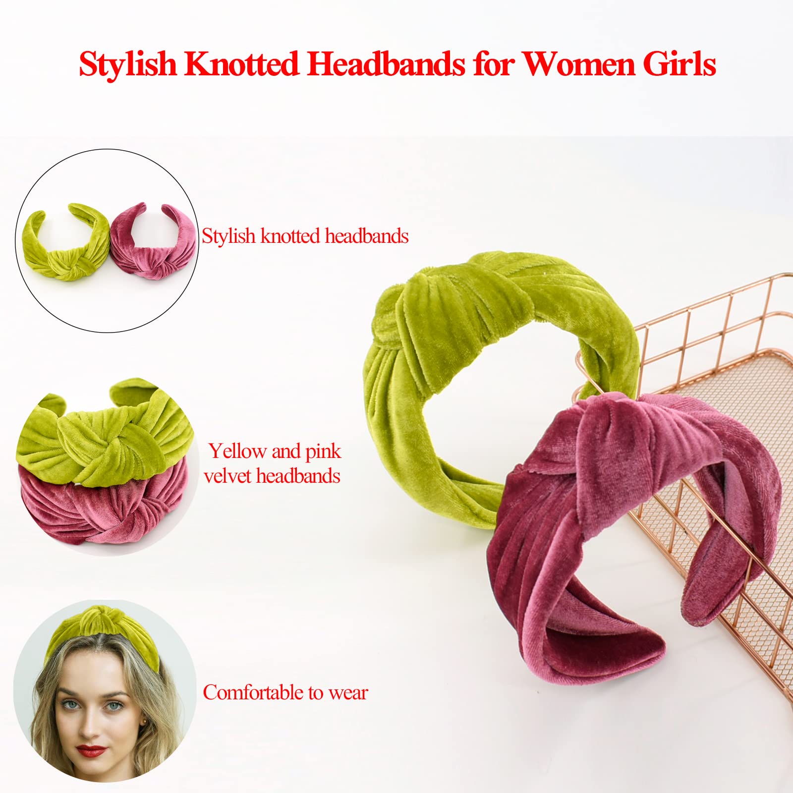 BEGOOD Women's Knotted Wide Headbands 2-Pack - Velvet Hair Accessories for Women & Girls (Rose & Green) - Perfect for Workouts, Yoga, Fashion & Everyday Wear