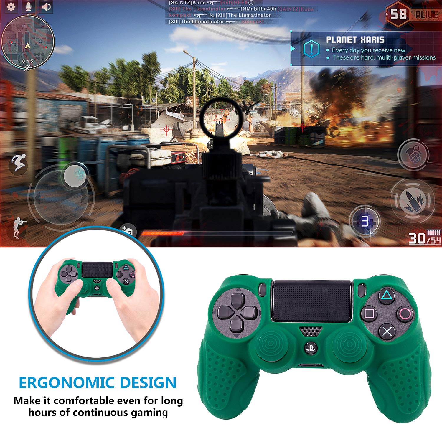 Premium Anti-Slip Silicone Cover for PS4 Controller - DualShock4 Skin Grip Protector Case Compatible with Sony PS4/PS4 Slim/PS4 Pro (Includes 8 Thumb Grips) - Green - Perfect for Gaming, Protection & Enhanced Grip During Long Play Sessions