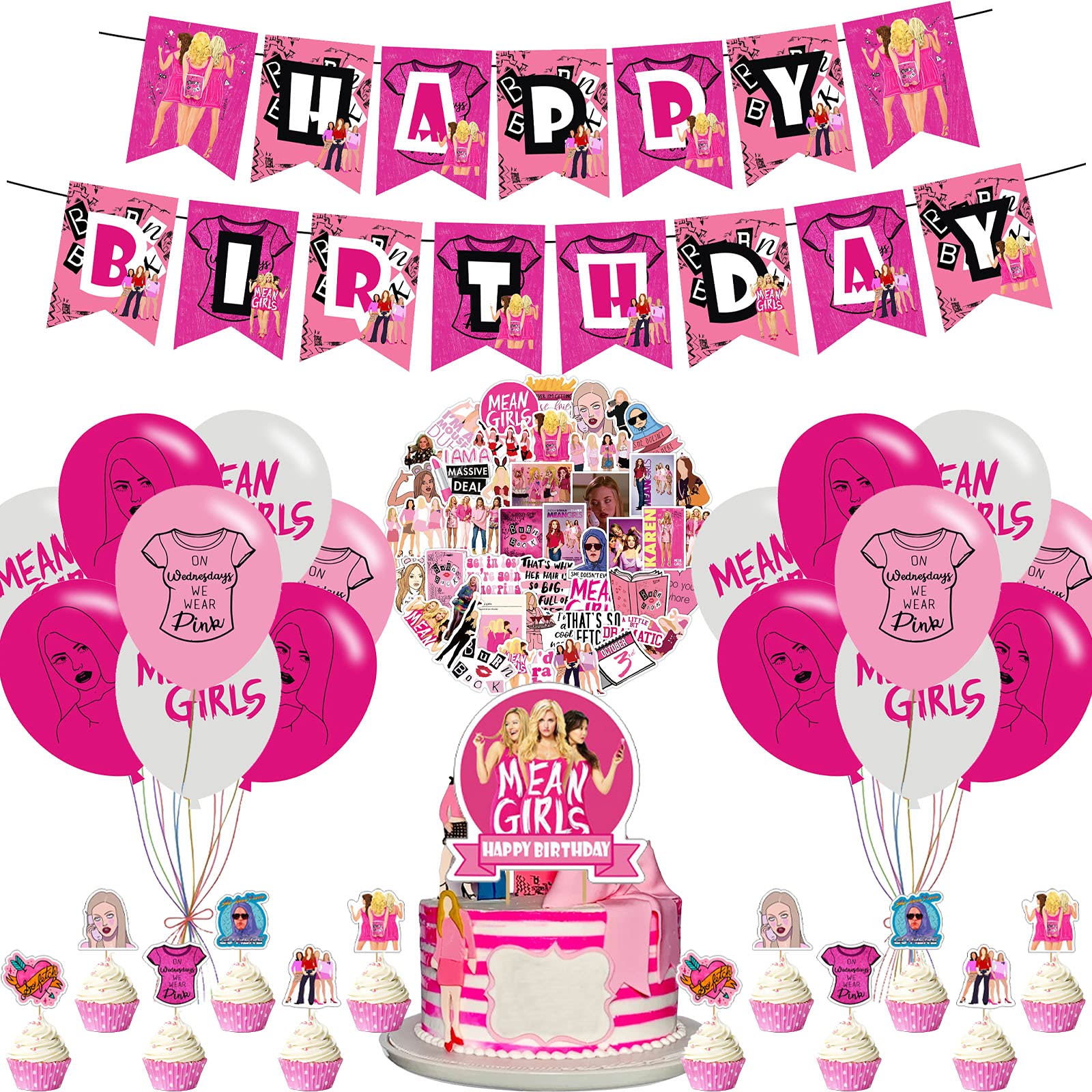Mean Girls Party Decorations Set - Funny Cartoon Themed Birthday Supplies with Trendy Stickers for Movie Night, Bachelorette Party & Teen Birthday Decorations