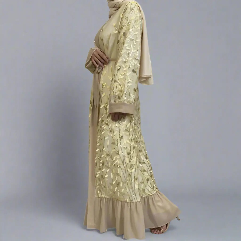Elegant Leaf Embroidery Lace Open Abaya Dress for Muslim Women | Modest Islamic Clothing | Perfect for Prayer, Eid, Wedding & Special Occasions