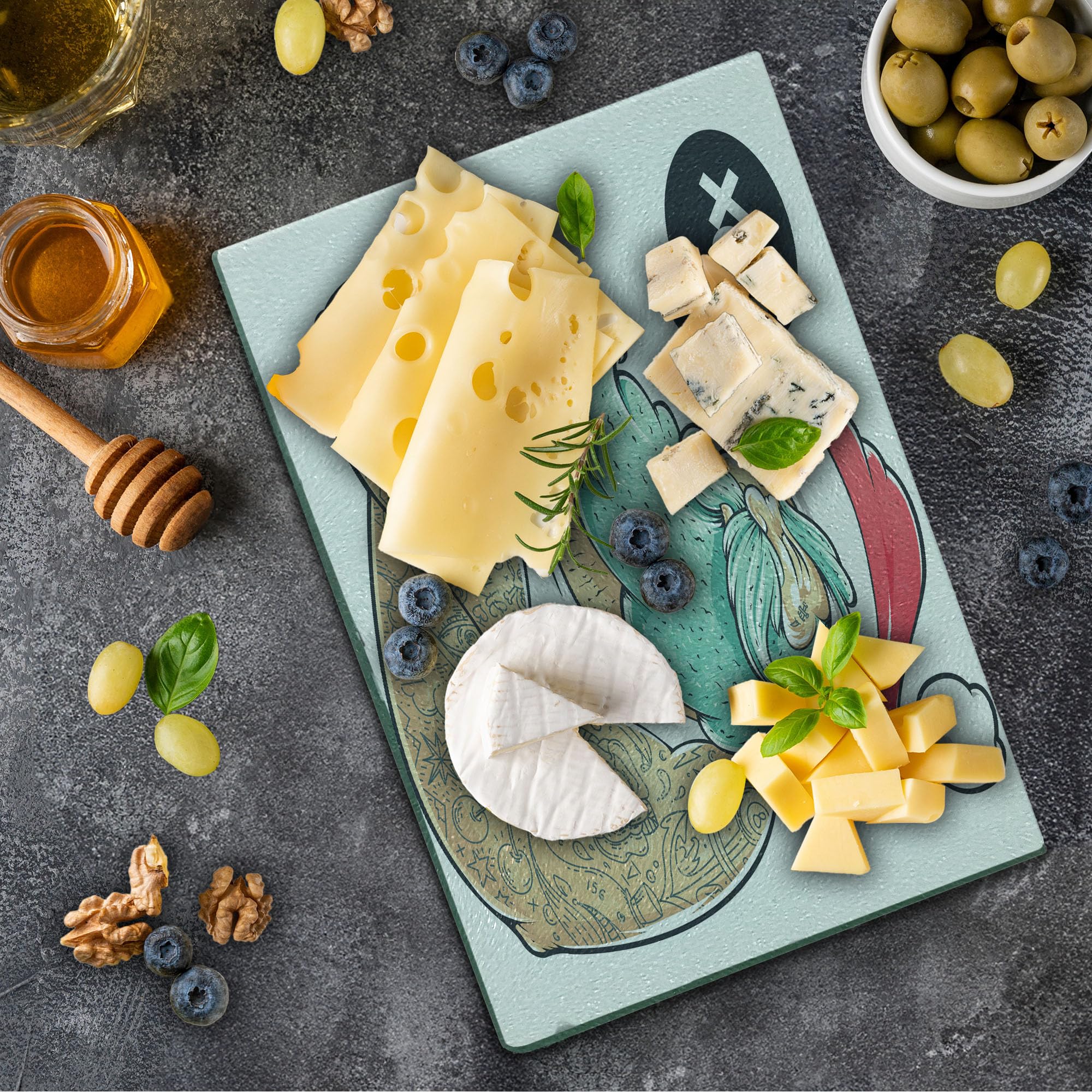 Lunarable Tattoo Themed Tempered Glass Cutting Board - Blue Santa with Beard & Tattoos Kiss Design - Decorative Serving Board for Kitchen & Dining - Small Size (Red, Blue, White) - Perfect for Holiday Parties, Gift Giving & Food Presentation