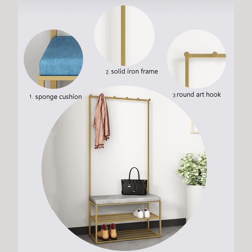Industrial Coat Rack Shoe Bench with 2-Tier Storage Shelves | 3-in-1 Entryway Hall Tree Organizer for Shoes, Coats & Accessories | Gold Finish (60x30x165cm) | Perfect for Hallway, Bedroom, Dorm & Small Space Organization