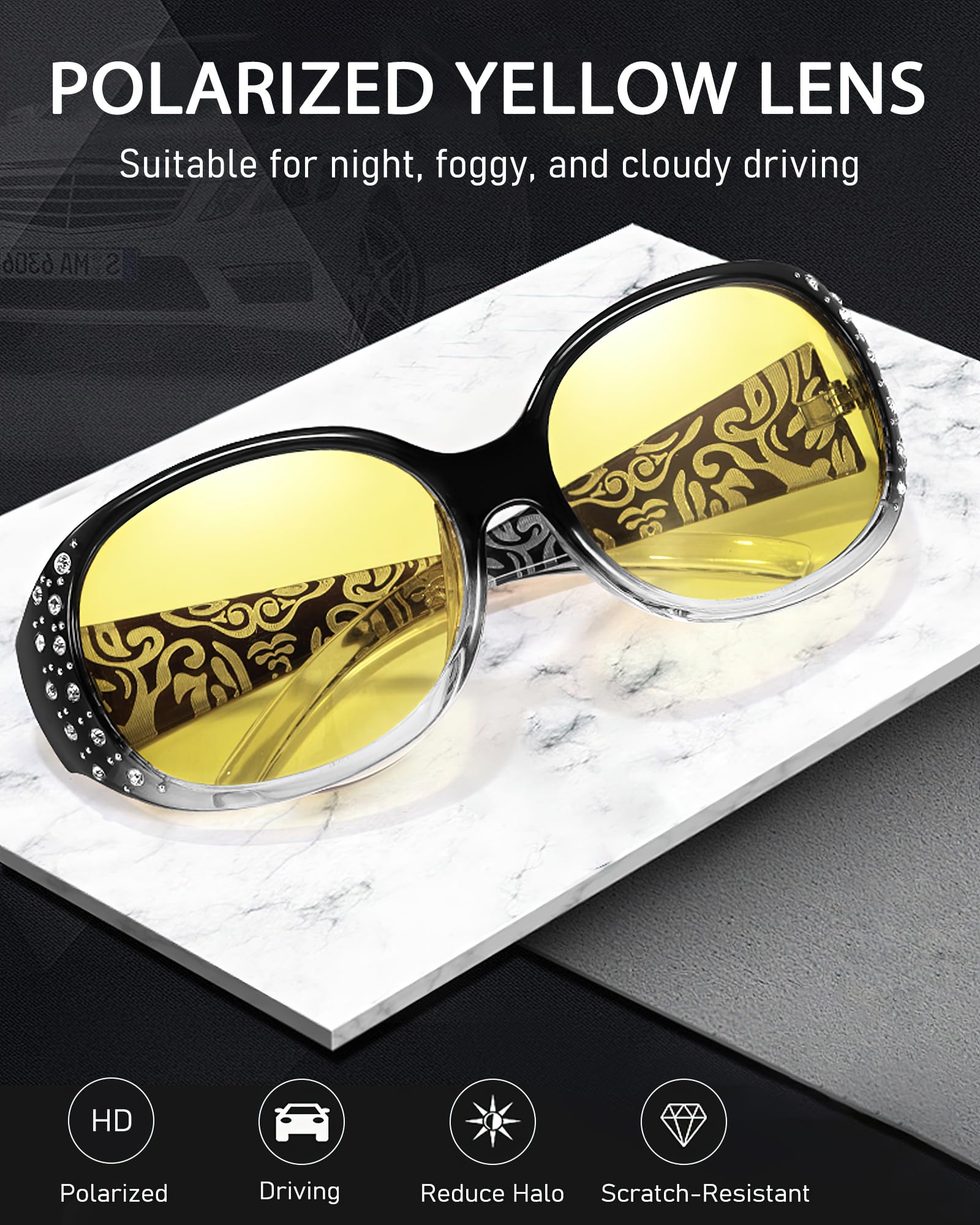 Polarized Night Driving Glasses for Women - Anti Glare Yellow Lenses for Enhanced Night Vision (IF008) | Safe Driving in Low Light & Foggy Conditions