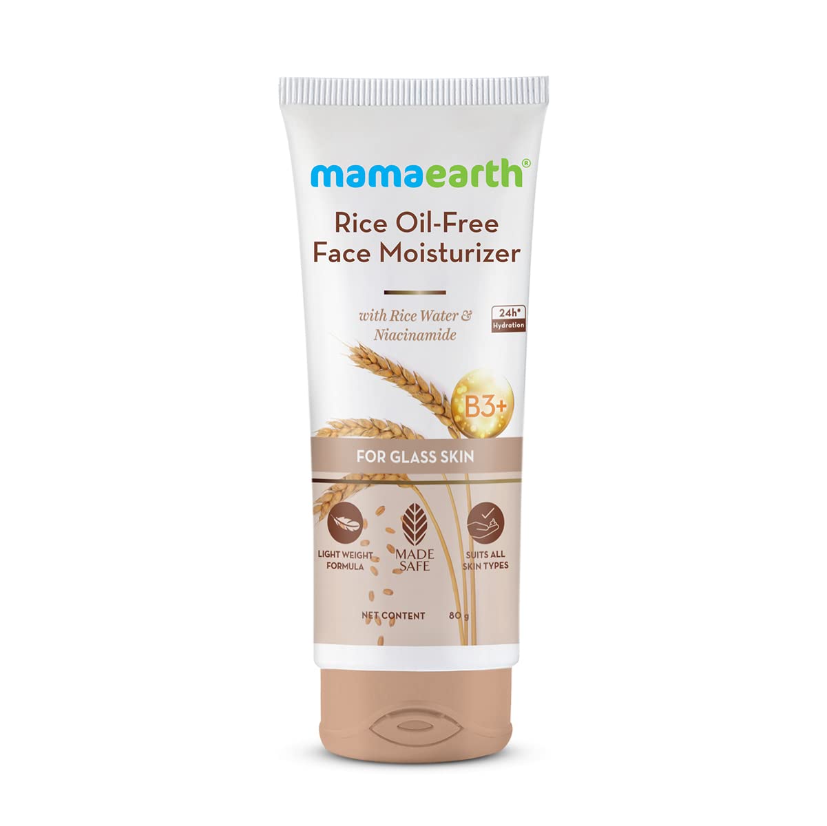 Mamaearth Rice Water & Niacinamide Oil-Free Face Moisturizer for Oily Skin | 24-Hour Hydration & Brightening Cream | Glass Skin Solution | 80g | Perfect for Daily Skincare Routine & Makeup Prep