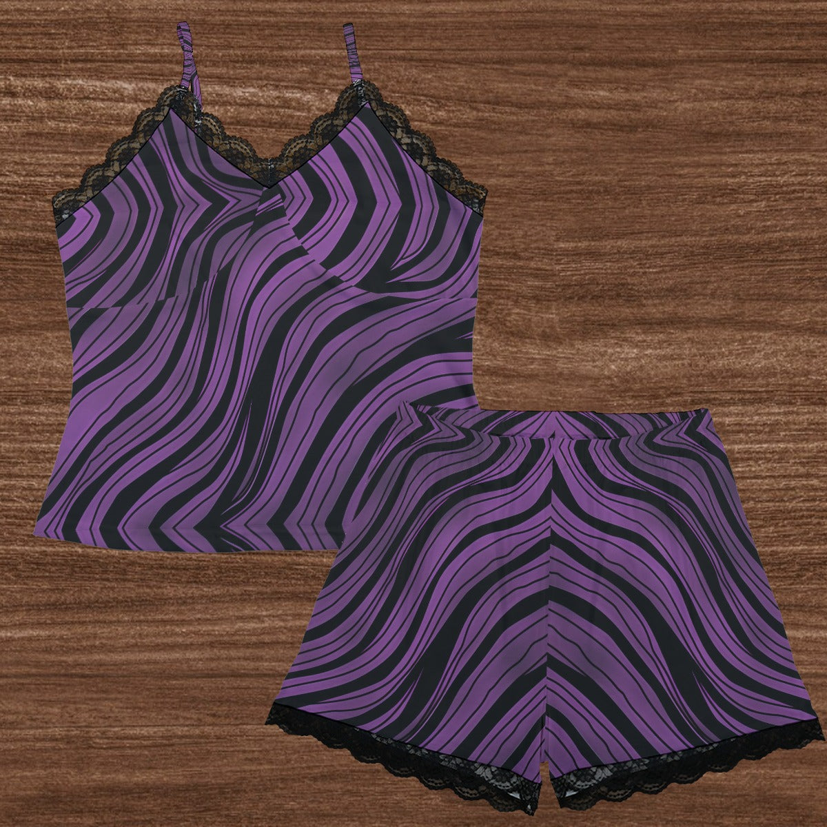 Elegant Purple and Black Striped Cami Loungewear Set with Delicate Lace Trim - Perfect for Home Relaxation, Sleepwear & Cozy Evenings
