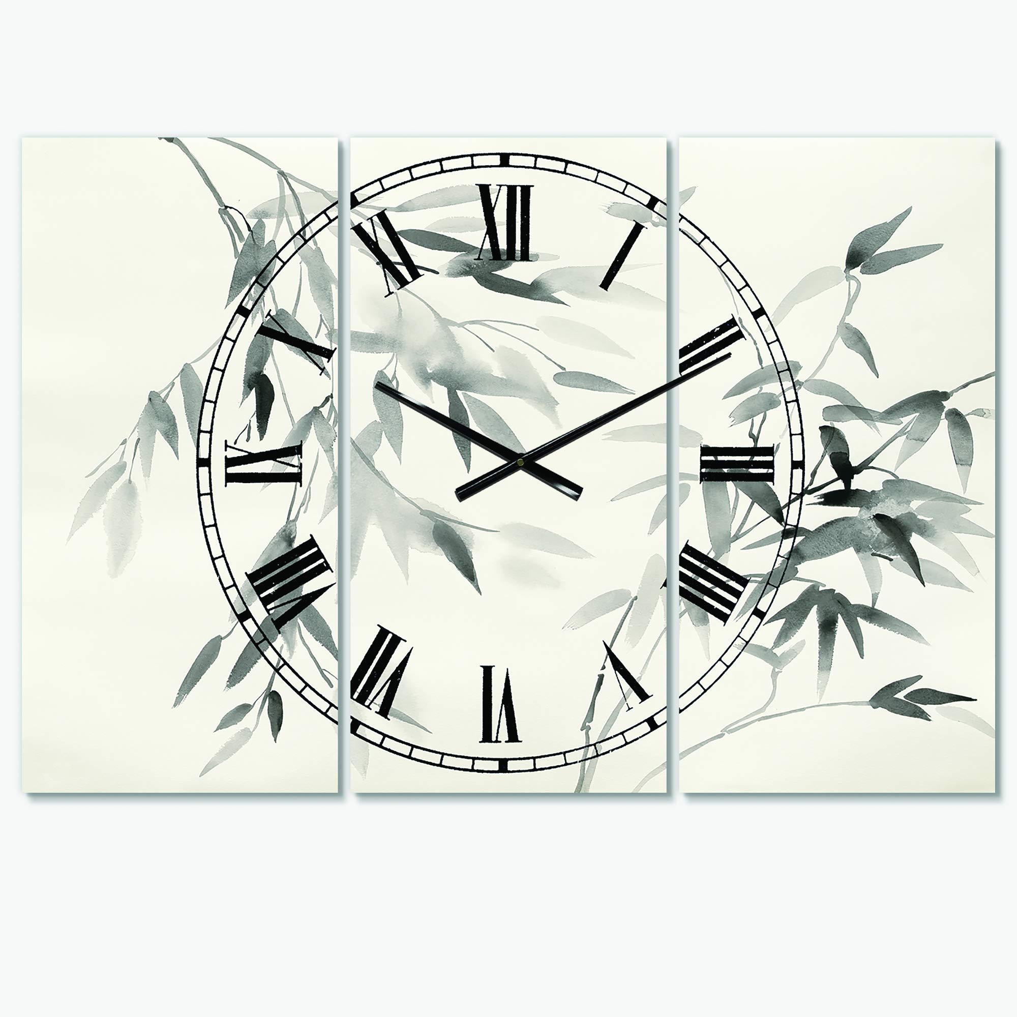Designart Bamboo Leaves II Farmhouse Wall Art - 3 Panel Metal Wall Clock for Home, Living Room, Bedroom & Office Decor | Rustic Decorative Clock for Kitchen, Dining Room & Entryway